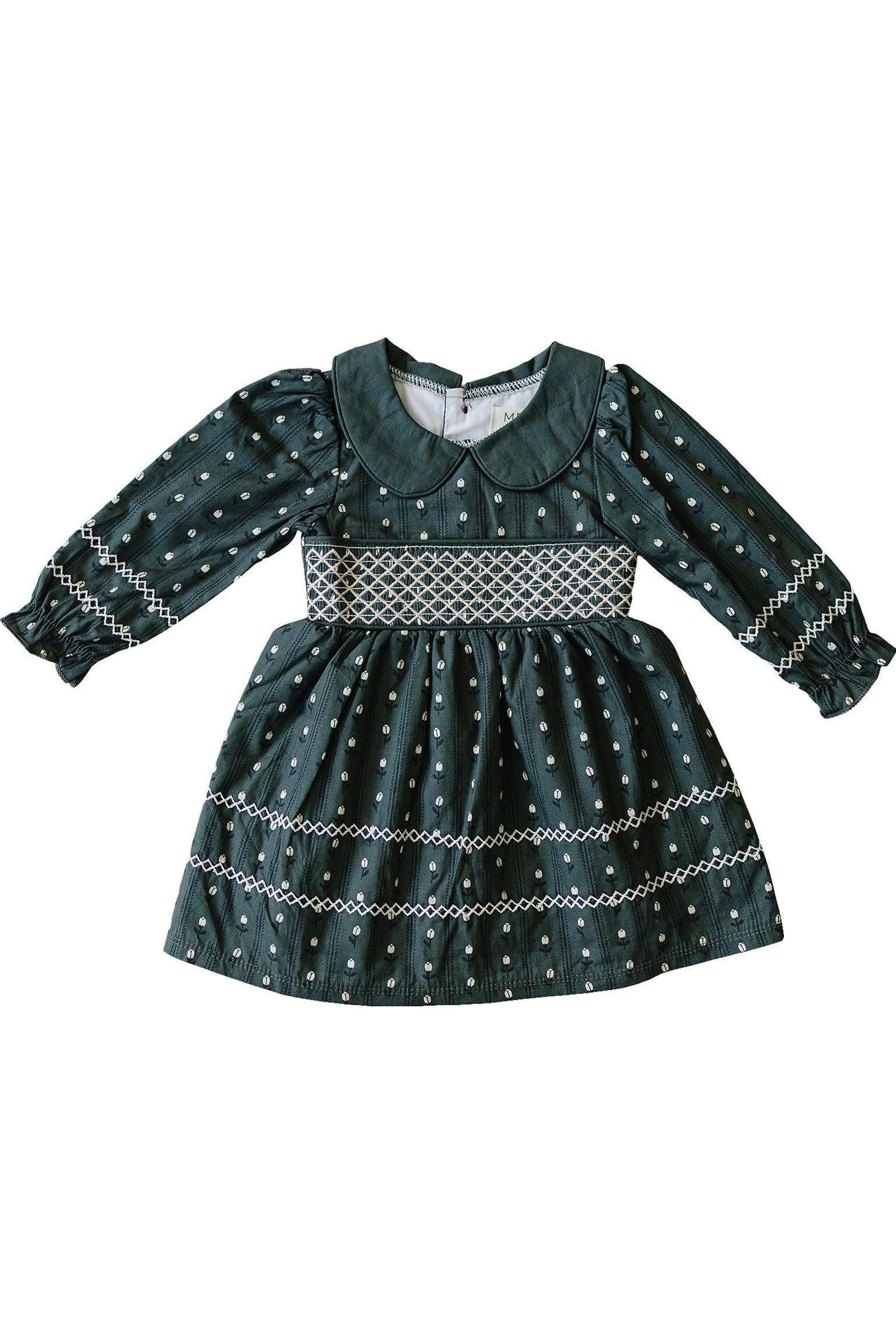 Dark Green Tulip Smocked Peter Pan Collar Dress for Girls, Cotton, Sizes 0-7
