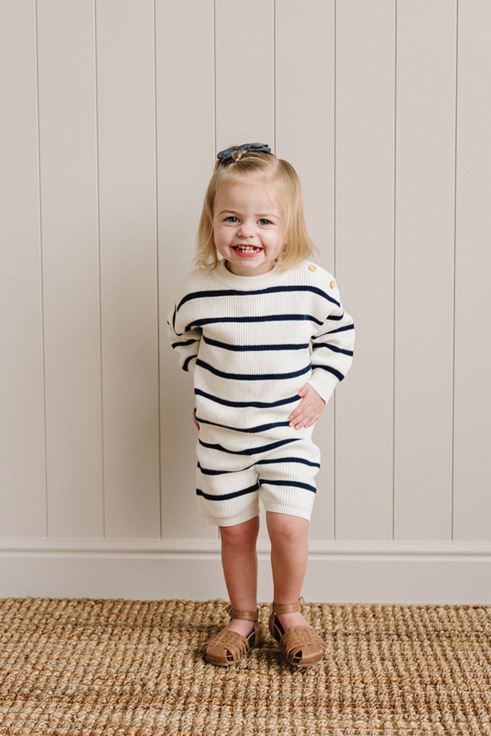 Navy Stripe Knit Shorts, 100% Cotton, Gender Neutral, Baby & Toddler, Family Matching Outfits