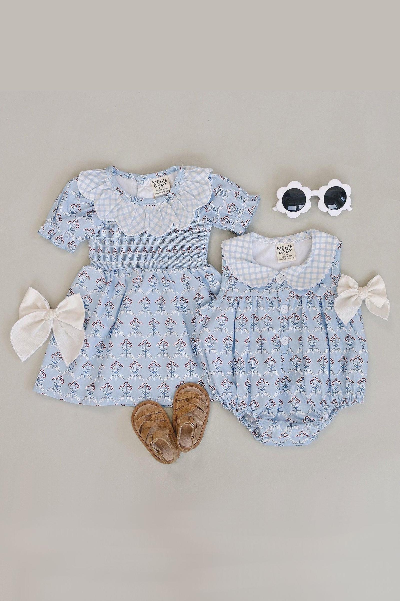 Cotton Blue Meadow Bubble Romper for Baby Girls