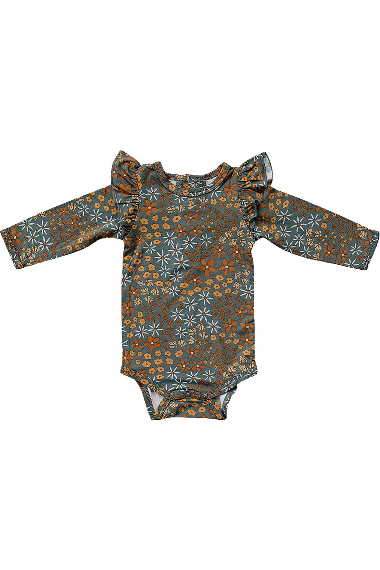 Navy Floral Ruffle Sleeve Bodysuit, Bamboo, Baby Essentials
