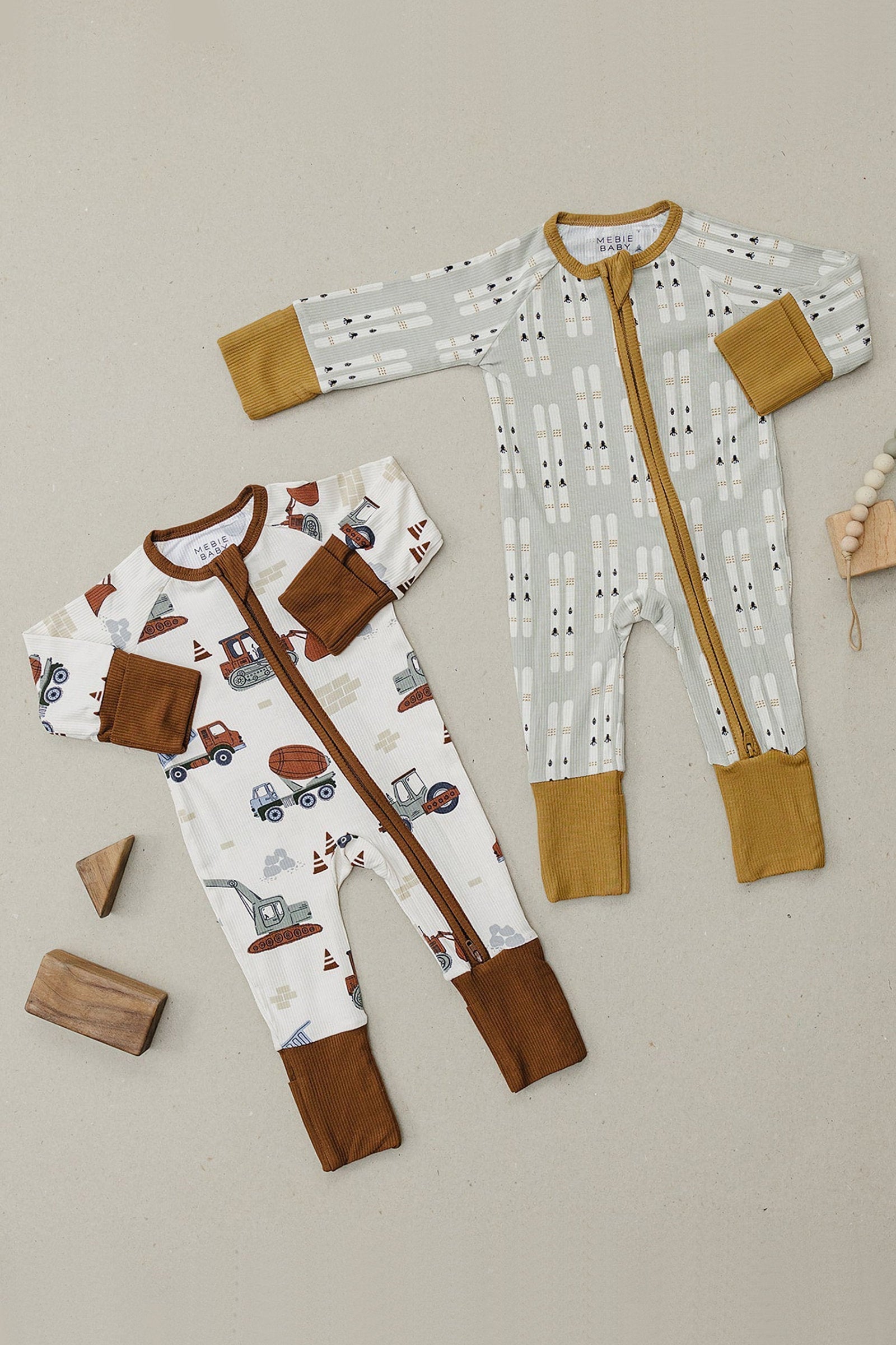 Construction Trucks Ribbed Zipper Pajama, Bamboo, Baby Essentials