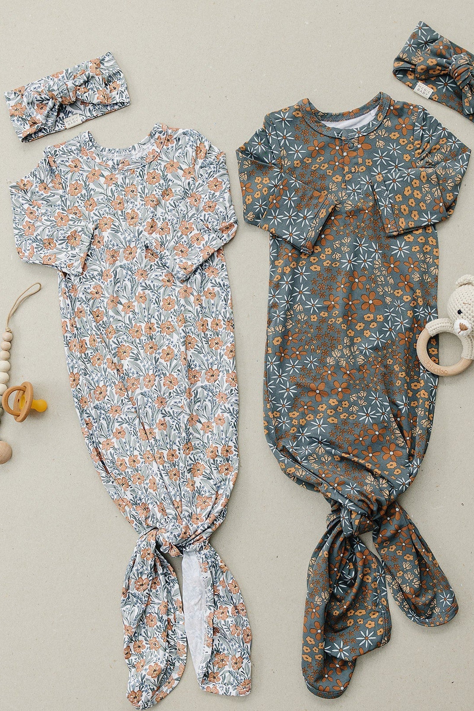 Navy Floral Knot Gown, Bamboo, Baby Essentials