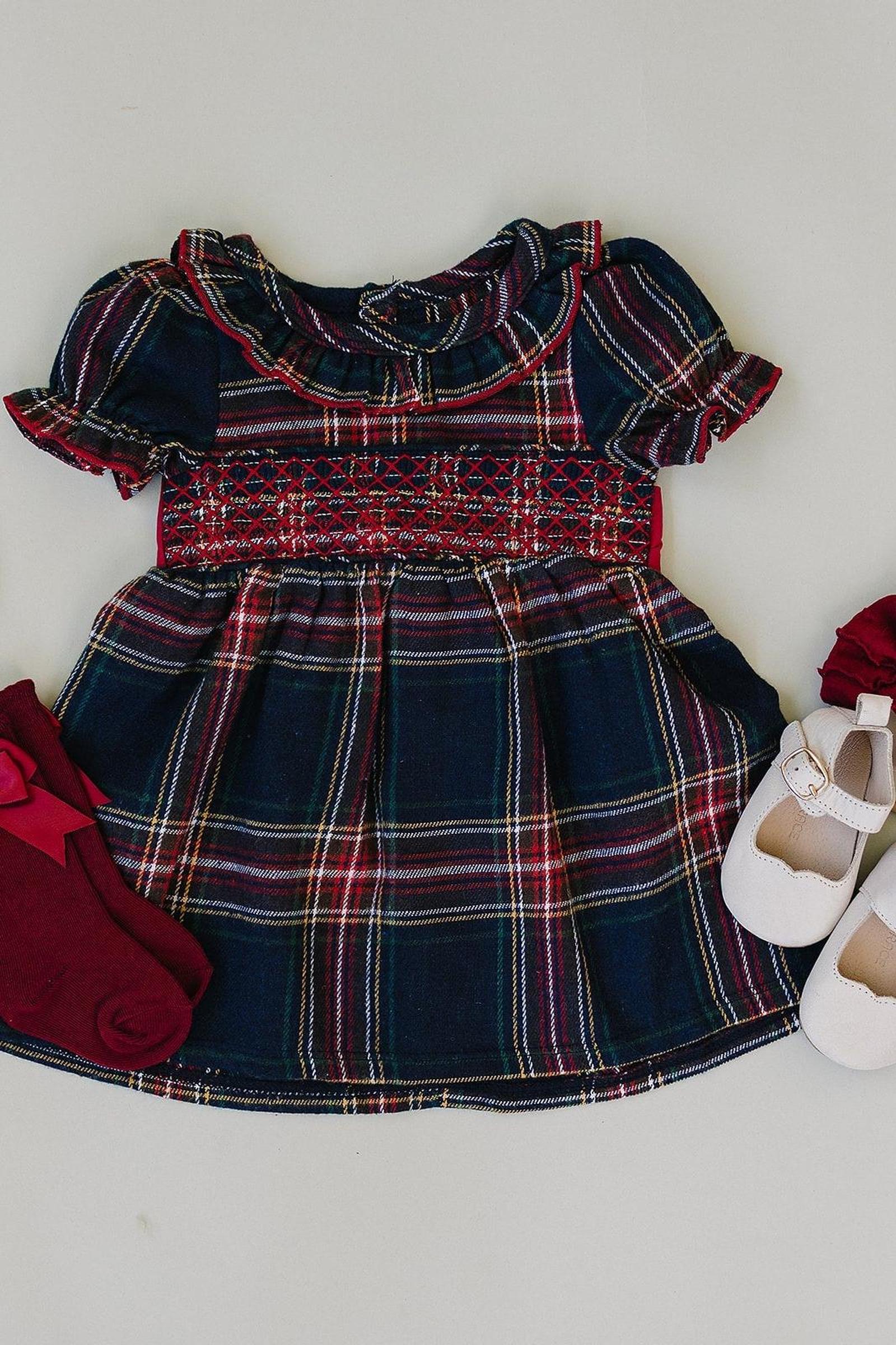 Christmas Plaid Smocked Dress with Classic Collar, Cotton, Sizes 0-8