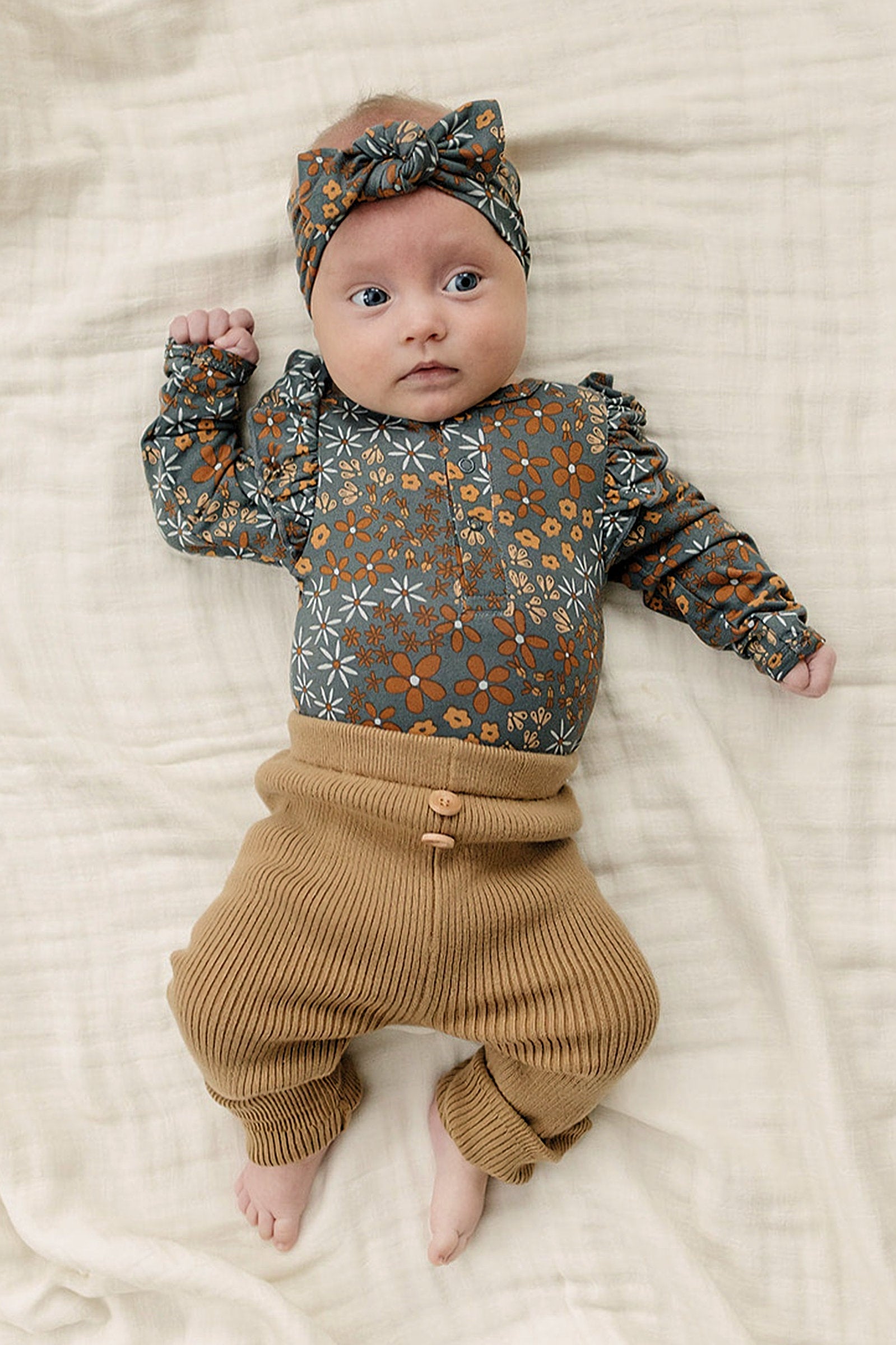 Navy Floral Ruffle Sleeve Bodysuit, Bamboo, Baby Essentials