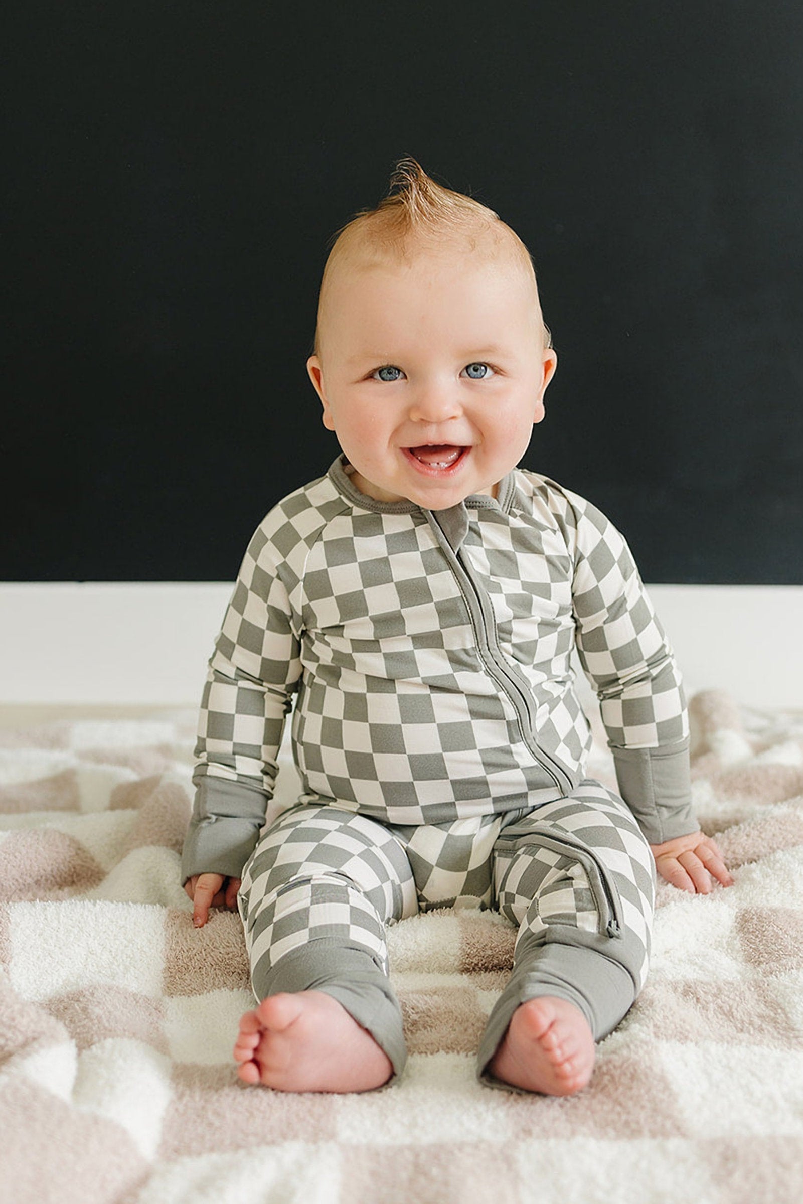 Light Green Checkered Zipper Pajama, Bamboo, Baby Essentials, Gender Neutral