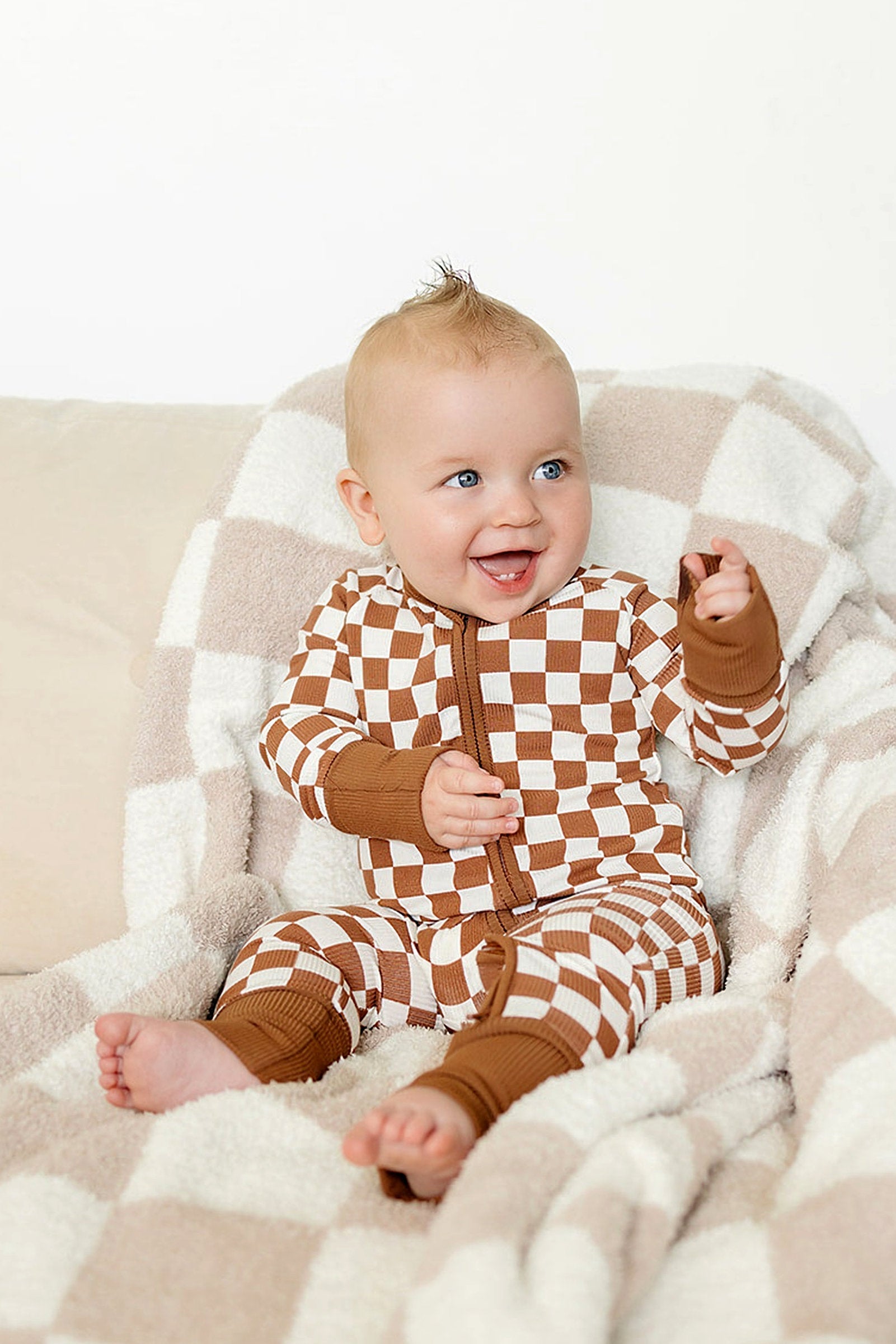 Rust Checkered Ribbed Zipper Pajama, Bamboo, Baby Essentials