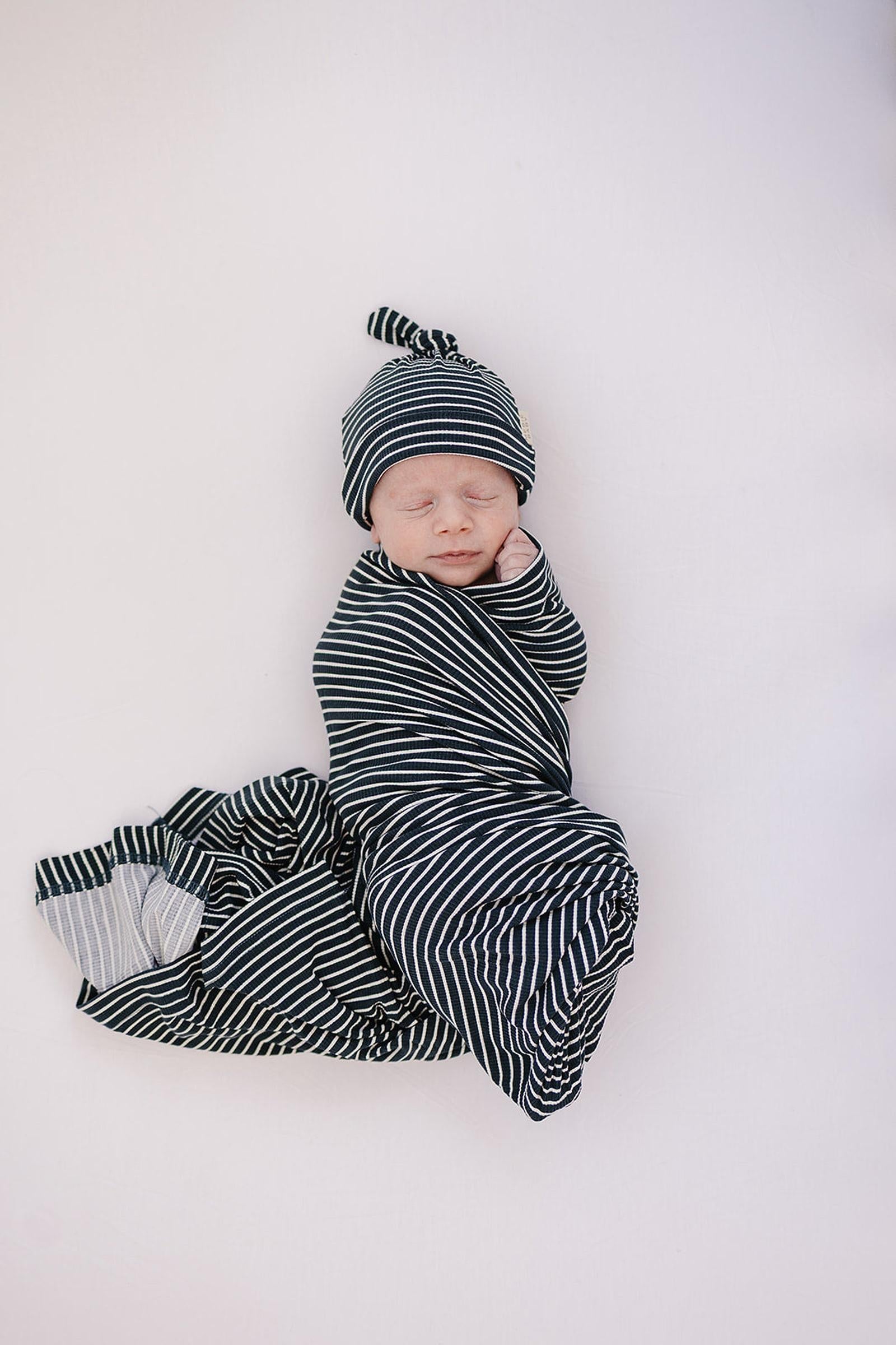 Navy Stripes Ribbed Stretch Swaddle Blanket, Bamboo, Baby Essentials