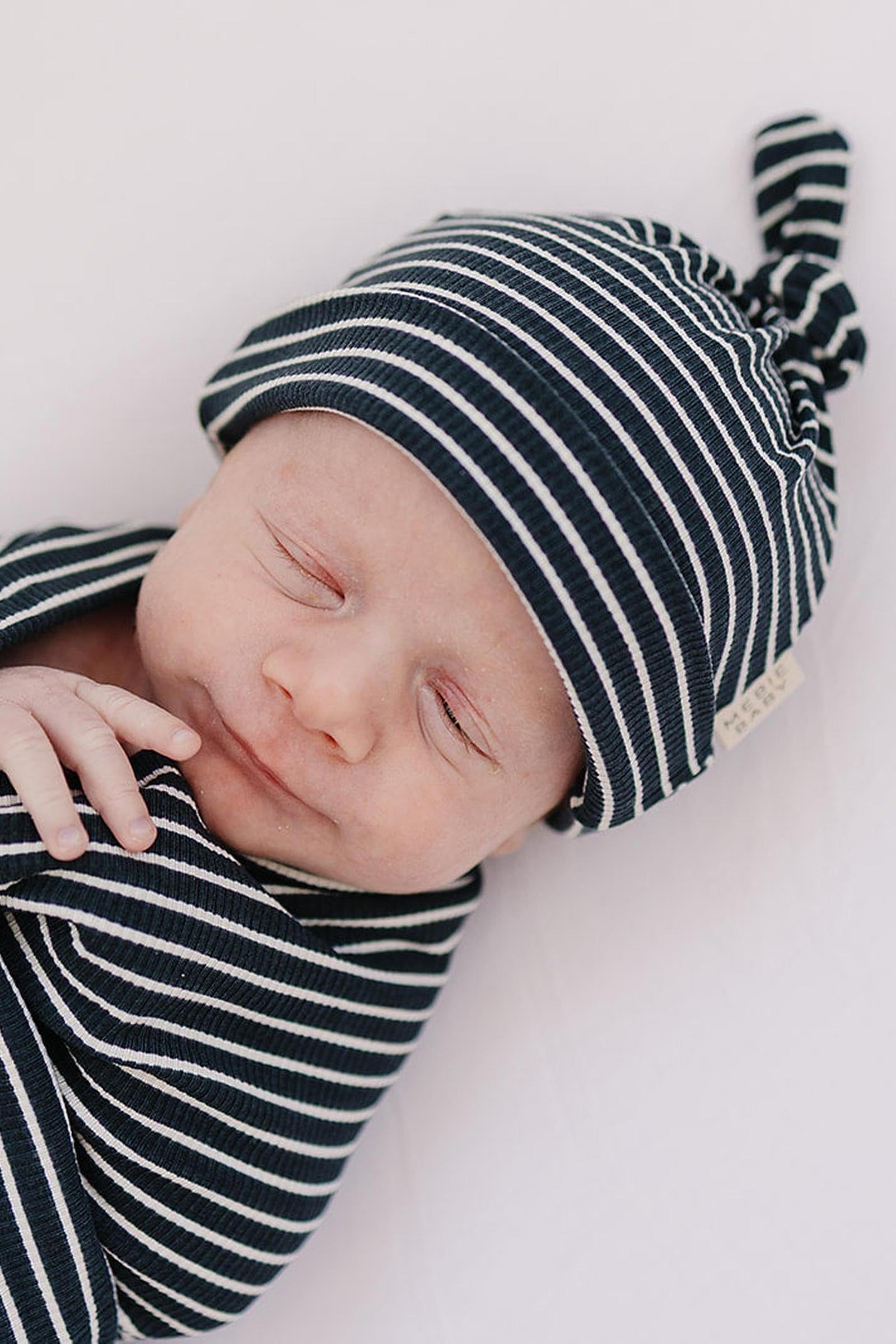 Navy Stripes Ribbed Newborn Knot Hat, Bamboo, Gender Neutral, Baby