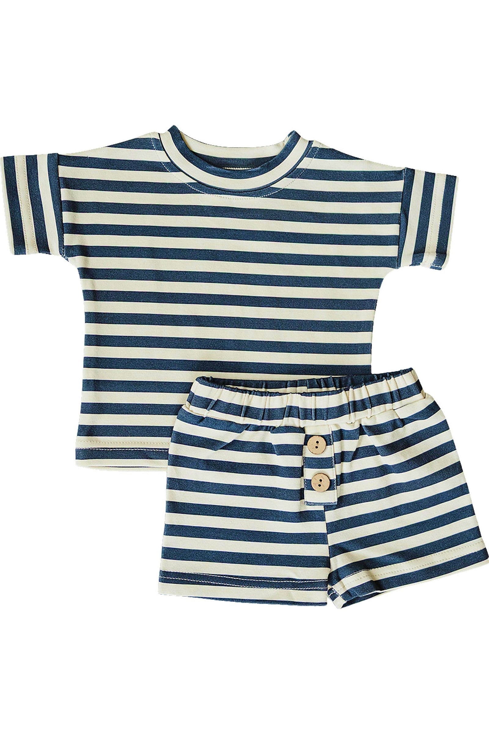 Cotton Navy Stripe Button Shorts Set for Boys, Baby - Kids