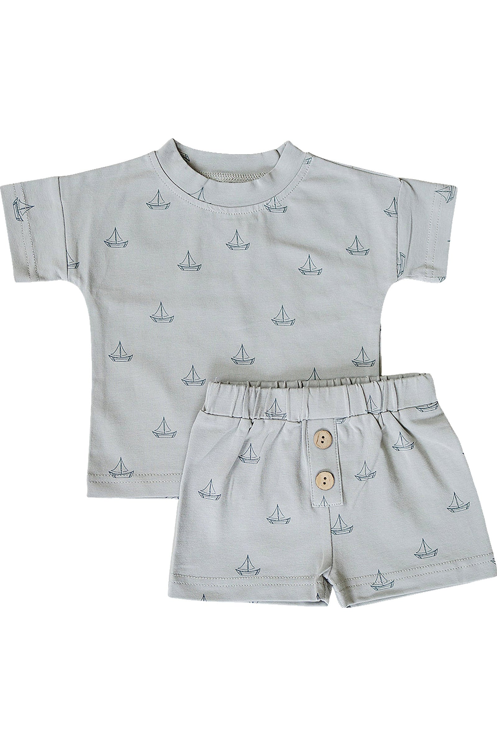 Cotton Sailboat Button Shorts Set for Boys, Light Grey, Sizes 0-6