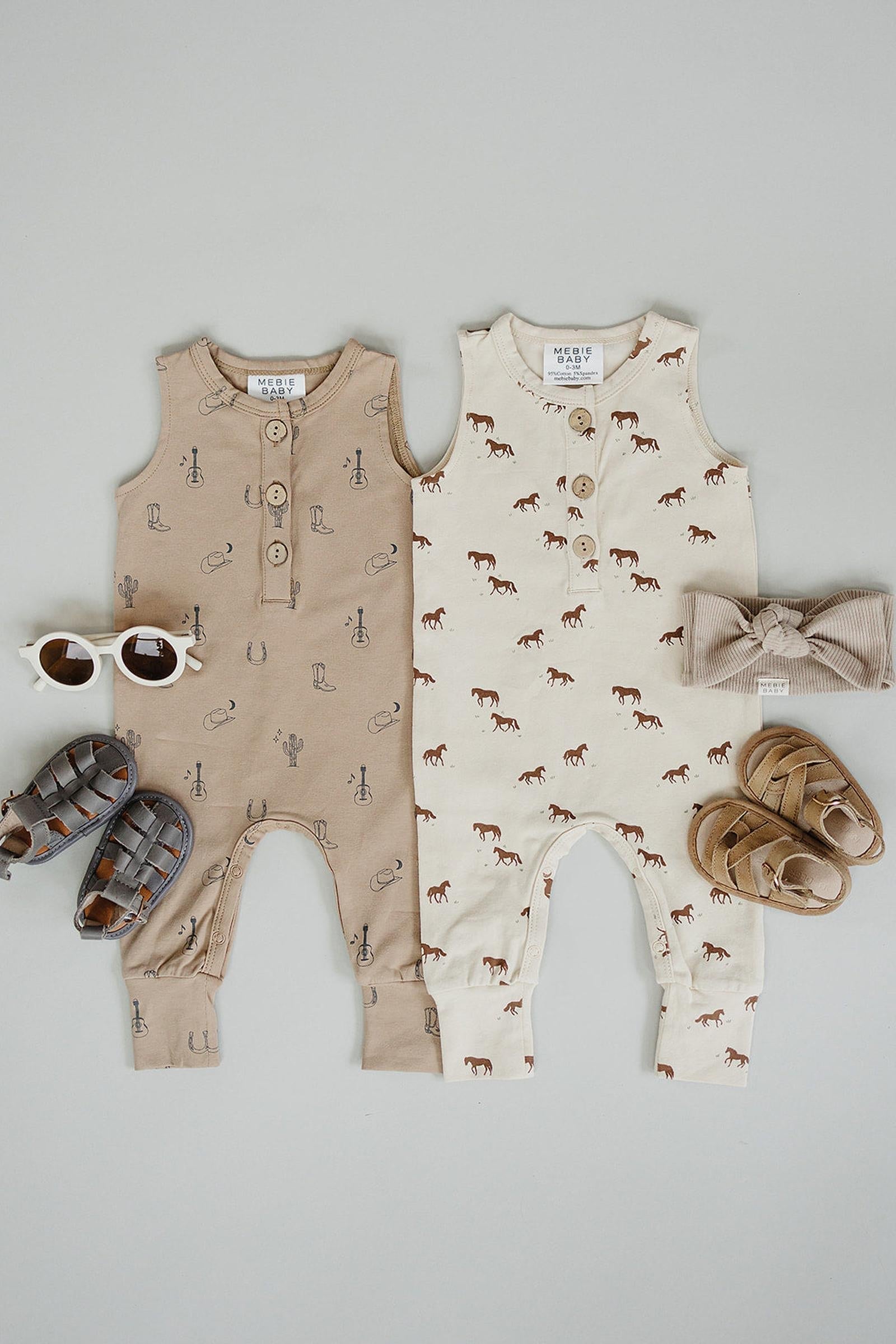Cotton Horse Tank Romper for Baby Girls, Cream