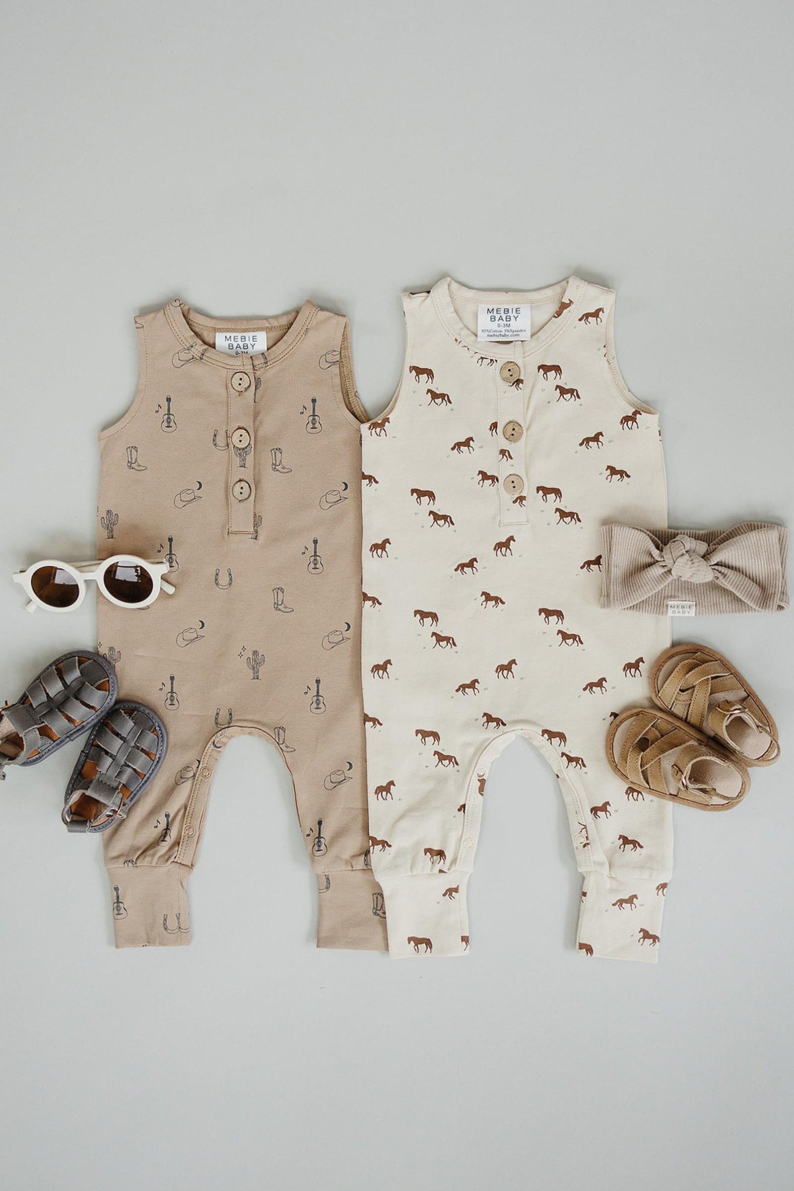 Cotton Western Tank Romper for Baby Boys, Beige