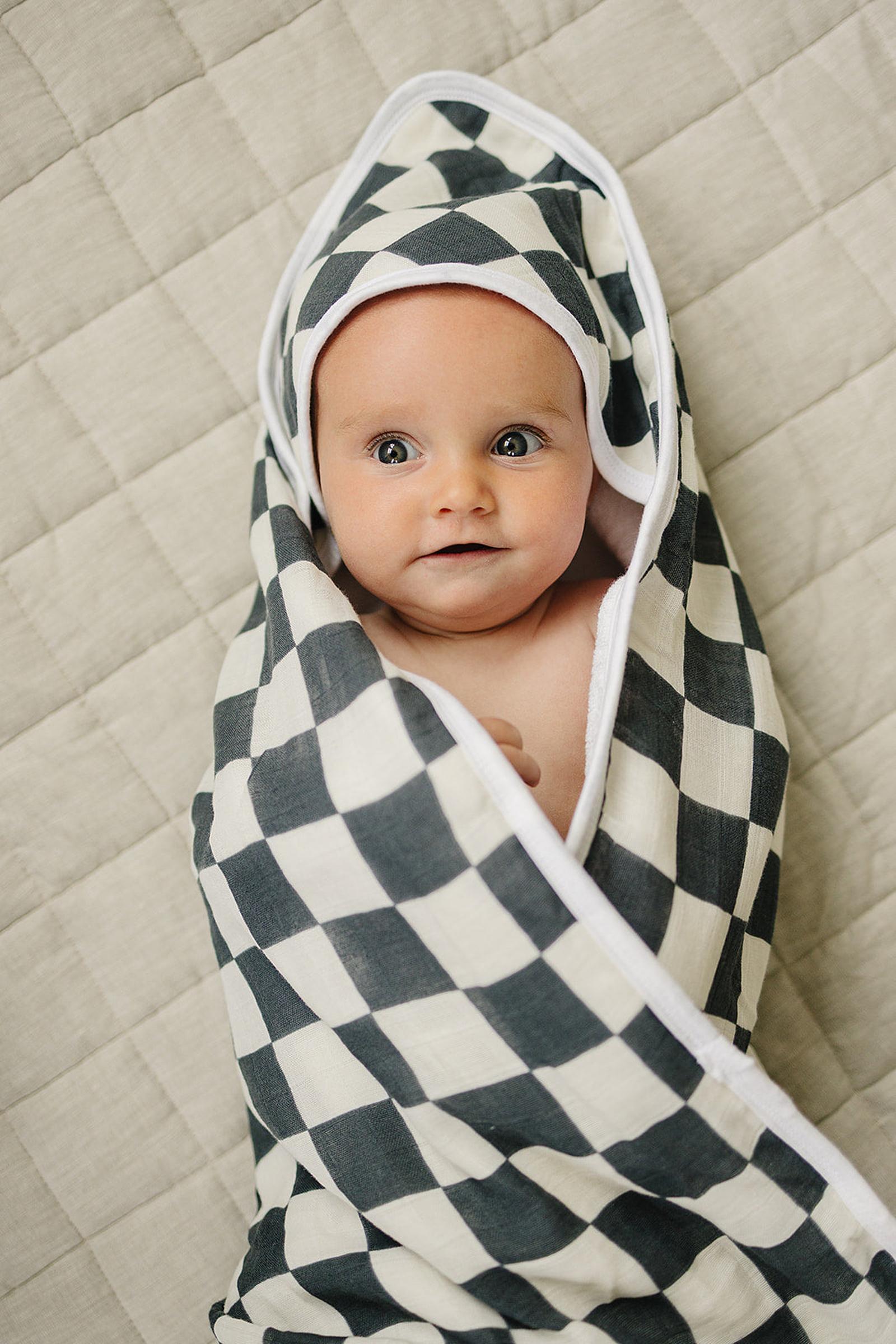 Charcoal Checkered Muslin Hooded Towel, 100% Cotton, Gender Neutral, Baby