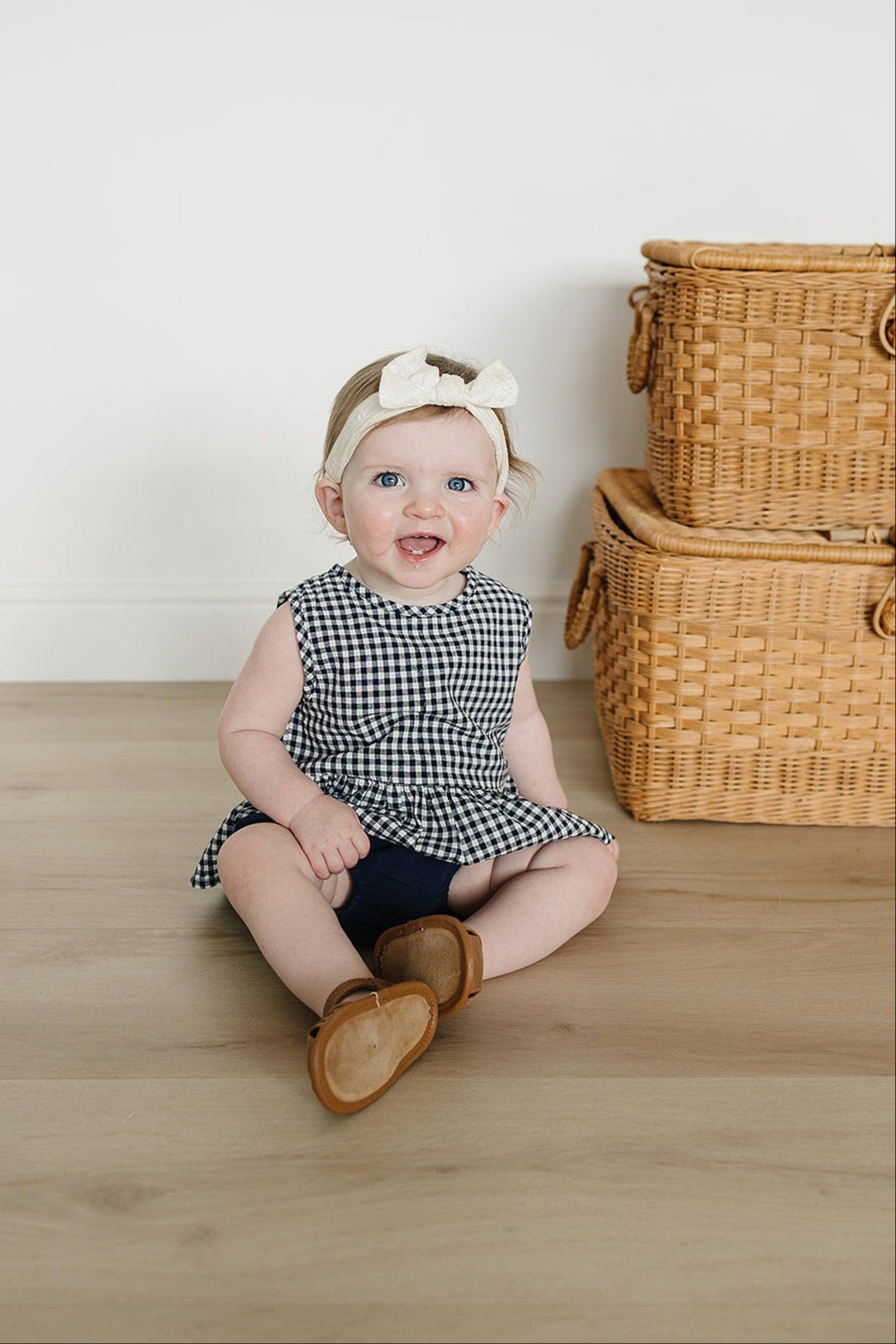 Baby Girl Navy Gingham Peplum Set, Linen/Cotton, Baby