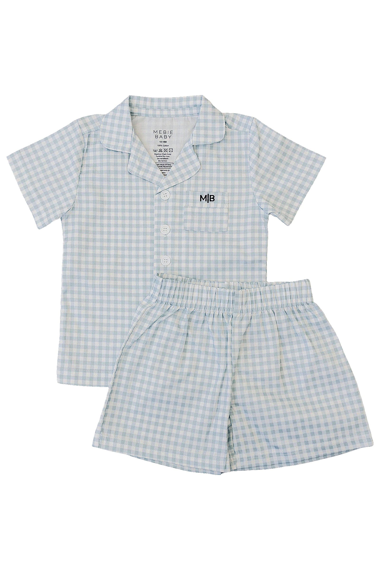 Light Blue Gingham Shorts Pajama Set, 100% Cotton, Gender Neutral, Sizes 6M-11