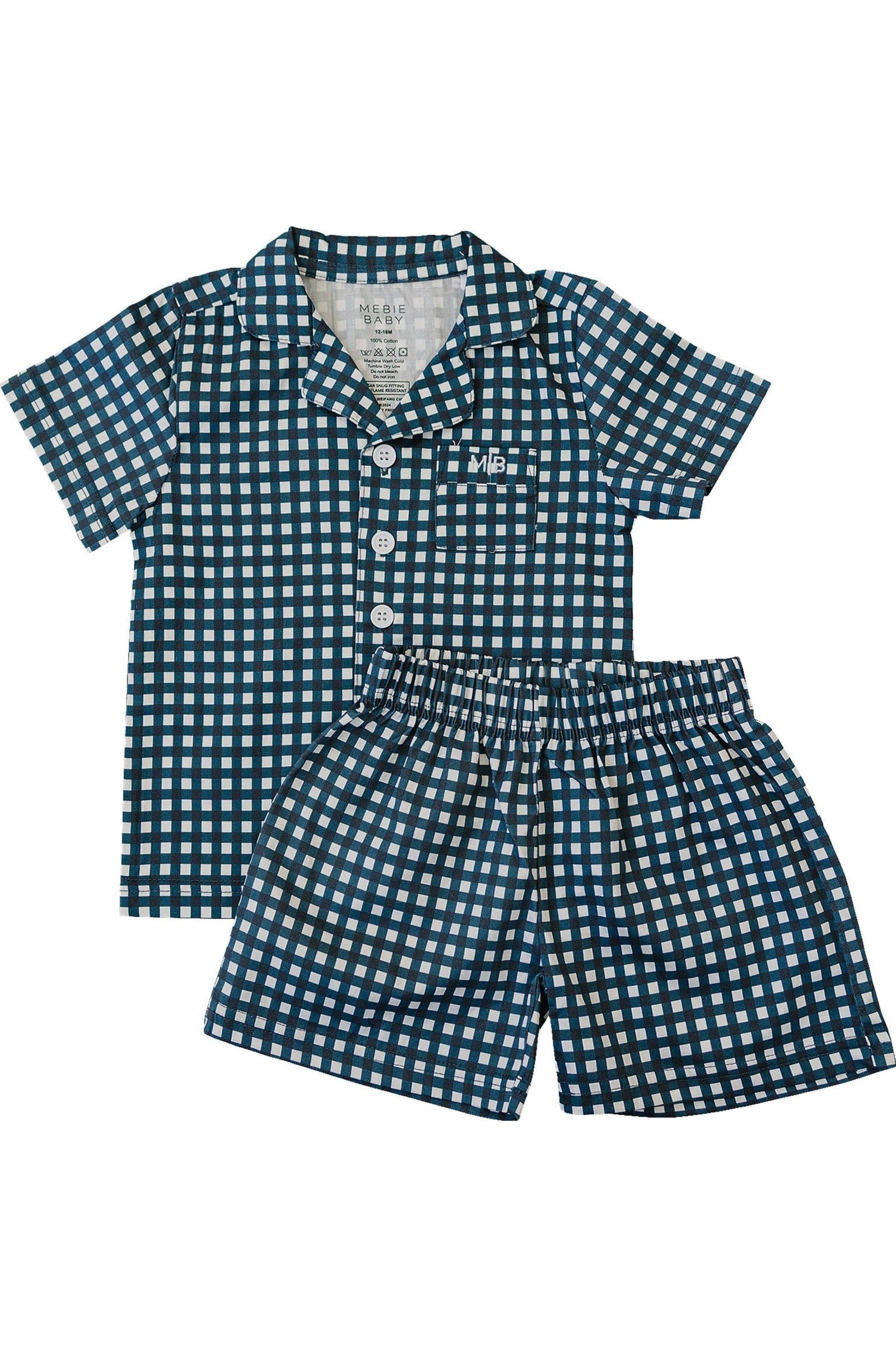 Navy Gingham Shorts Pajama Set, 100% Cotton, Gender Neutral, Sizes 6M-11