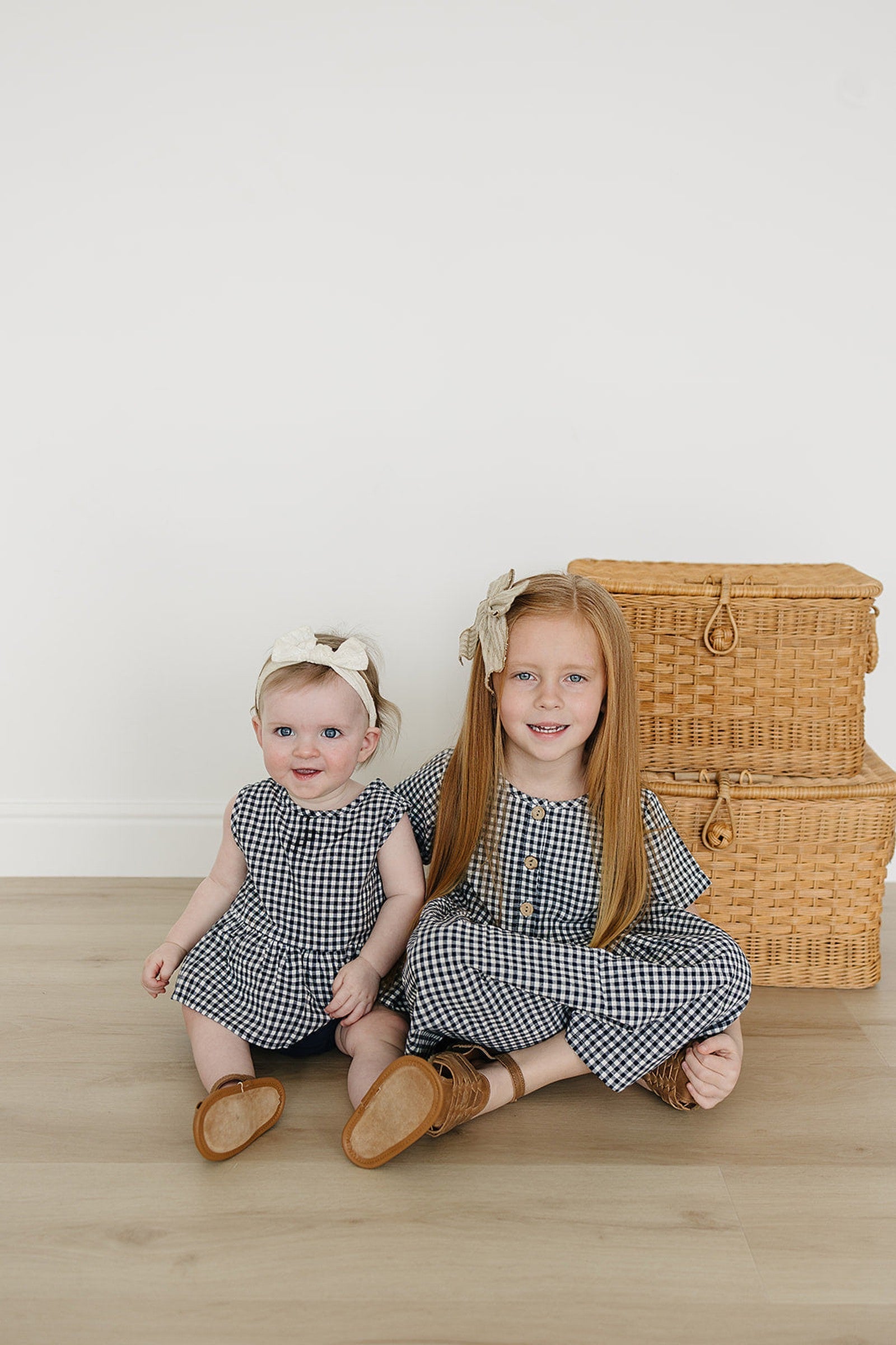 Baby Girl Navy Gingham Peplum Set, Linen/Cotton, Baby