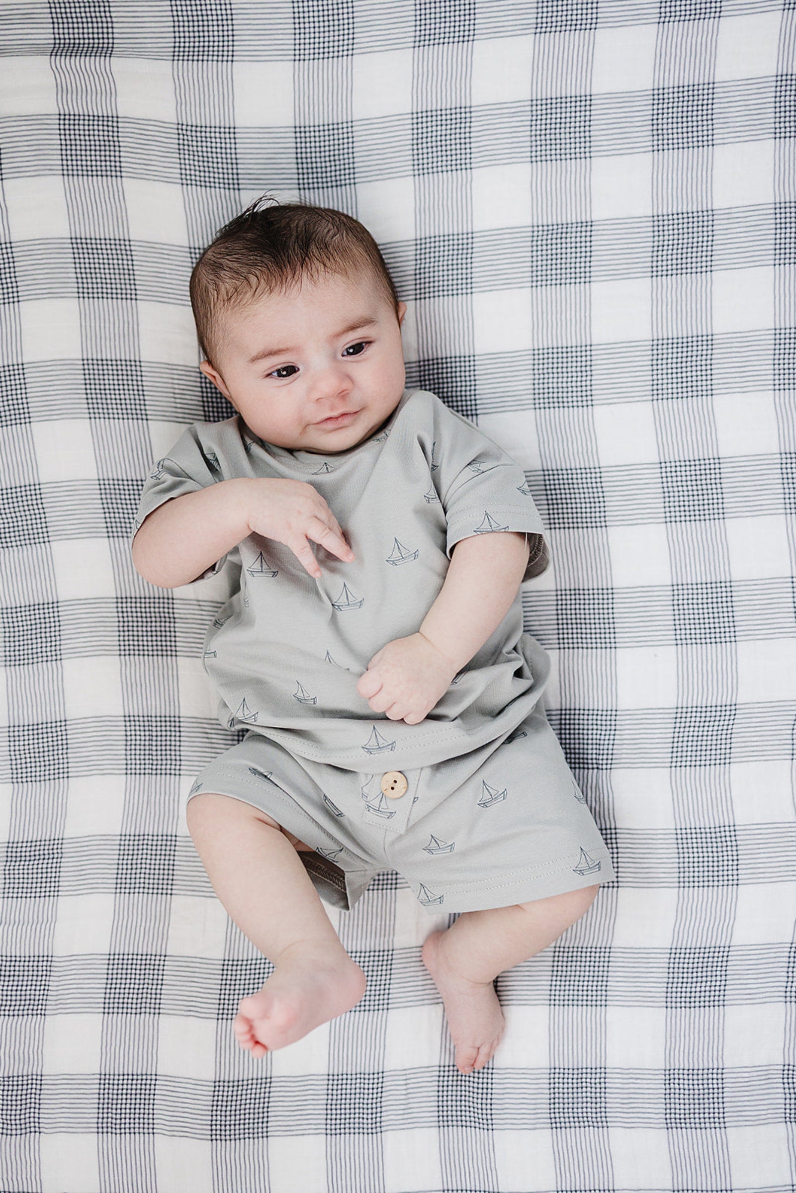 Cotton Sailboat Button Shorts Set for Boys, Light Grey, Sizes 0-6