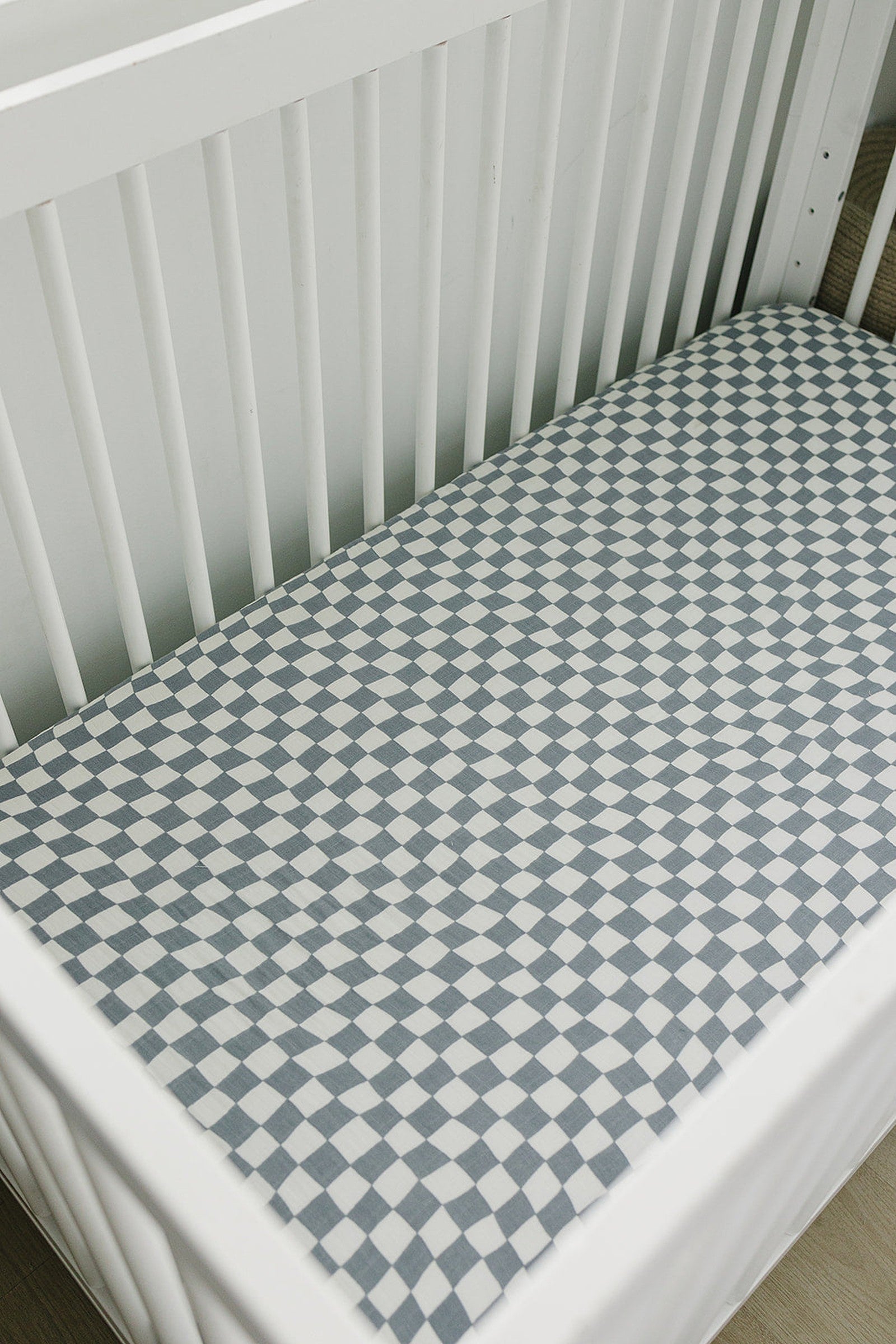 Dusty Blue Wavy Checkered Muslin Crib Sheet, 100% Cotton, Baby Essentials, Gender Neutral