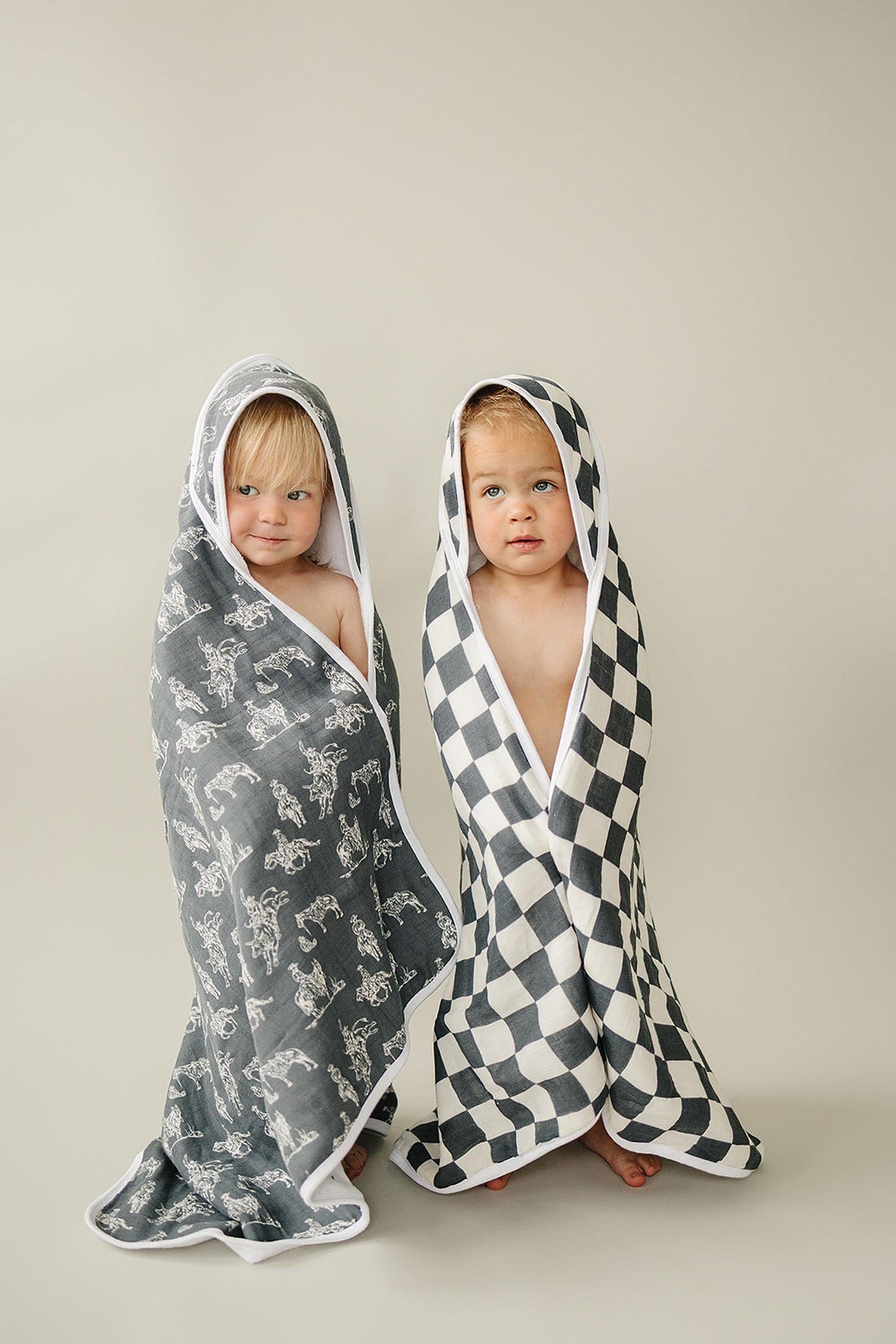Charcoal Checkered Muslin Hooded Towel, 100% Cotton, Gender Neutral, Baby
