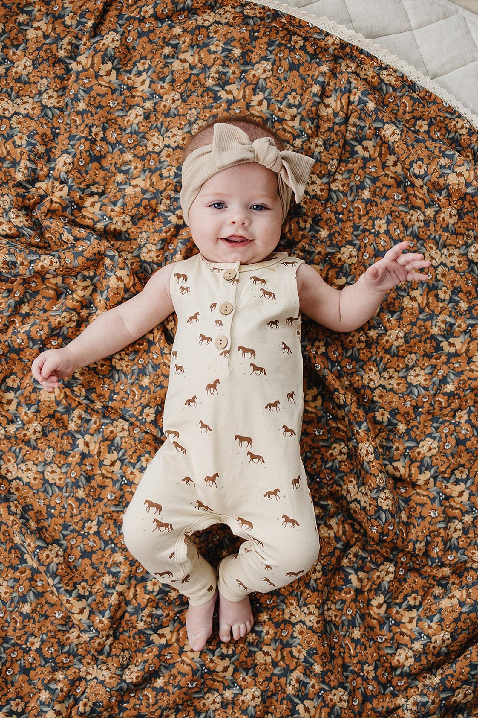 Cotton Horse Tank Romper for Baby Girls, Cream