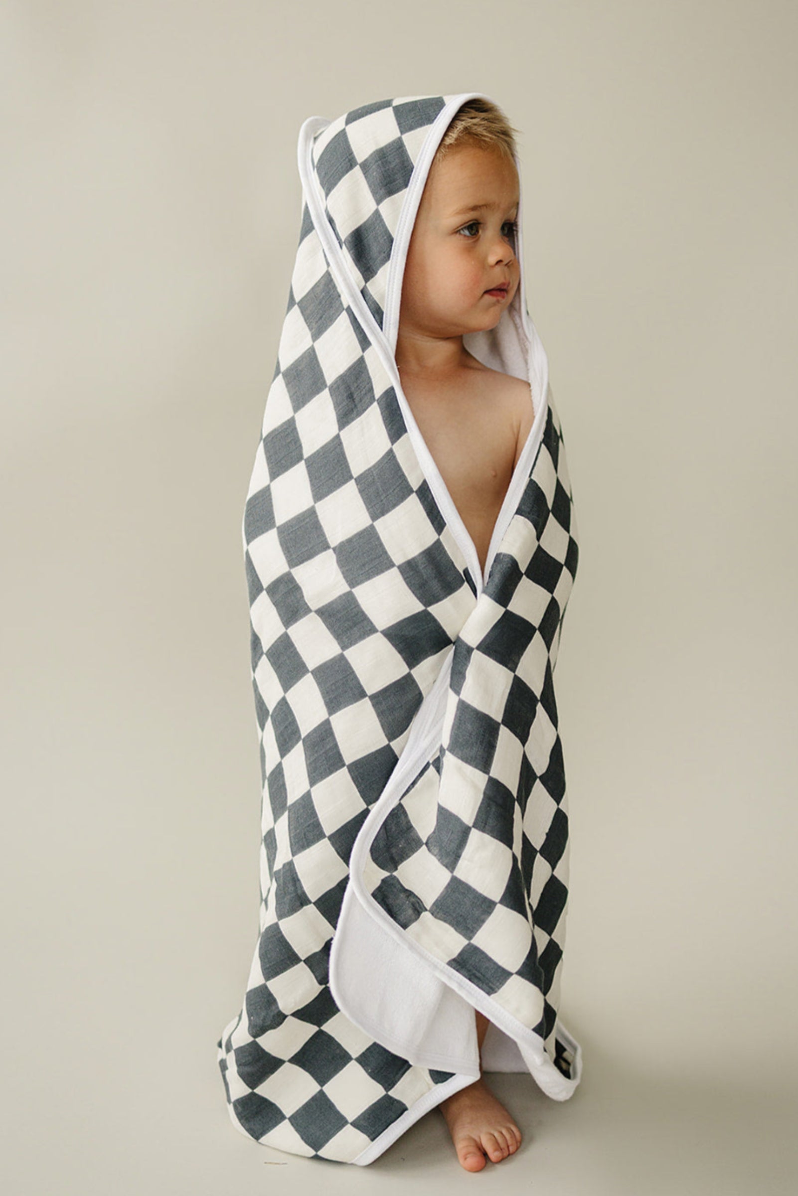 Charcoal Checkered Muslin Hooded Towel, 100% Cotton, Gender Neutral, Baby