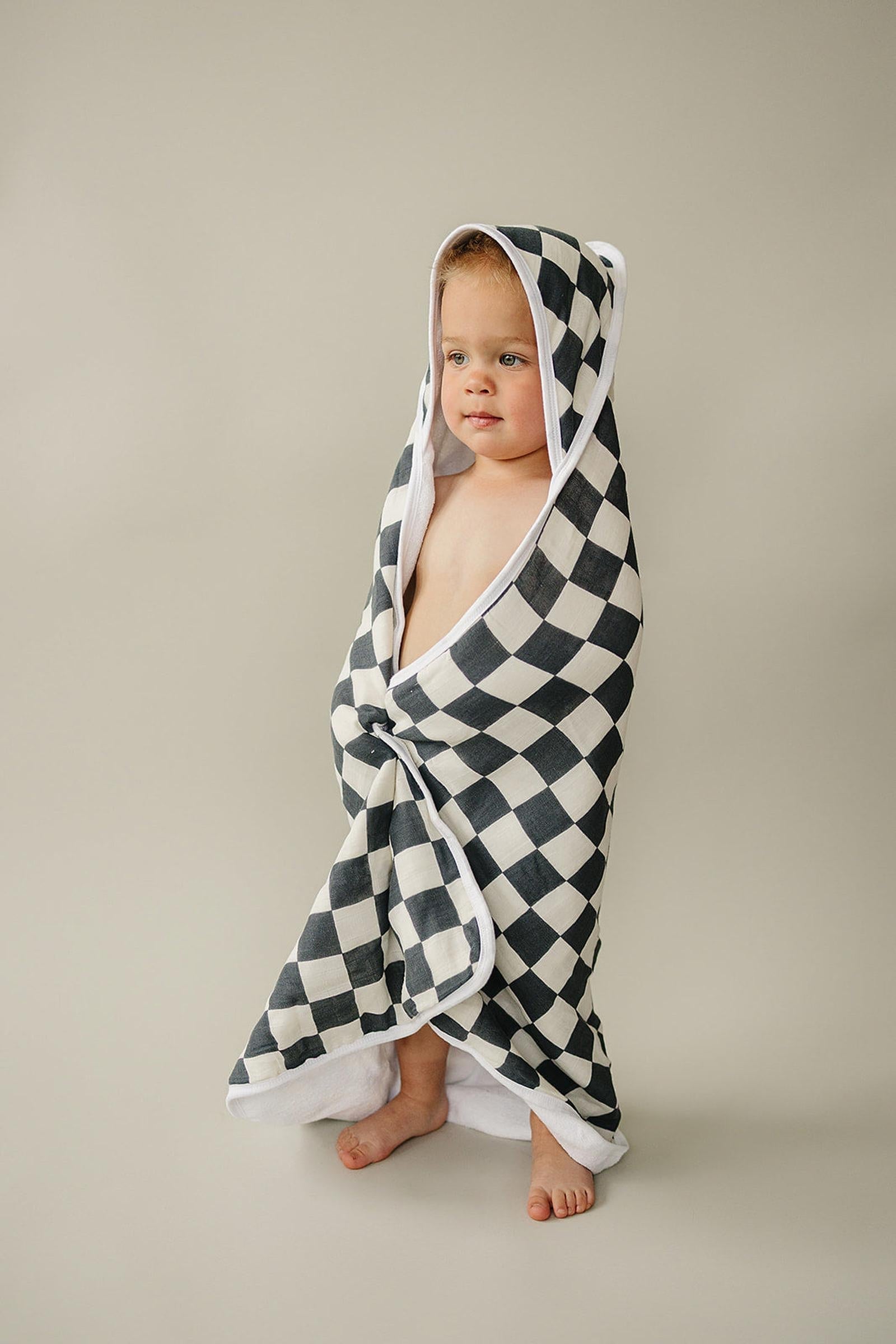 Charcoal Checkered Muslin Hooded Towel, 100% Cotton, Gender Neutral, Baby