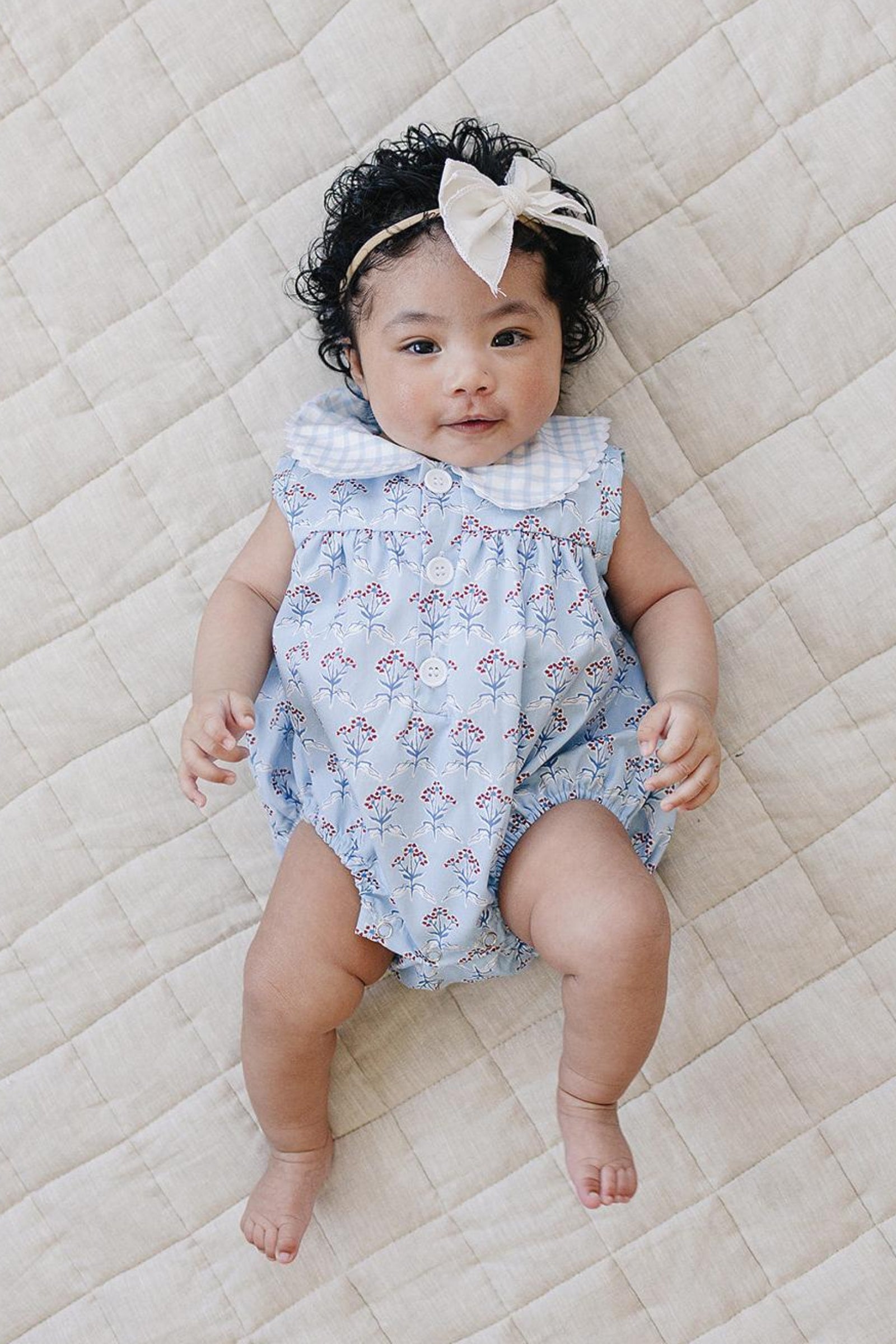 Cotton Blue Meadow Bubble Romper for Baby Girls