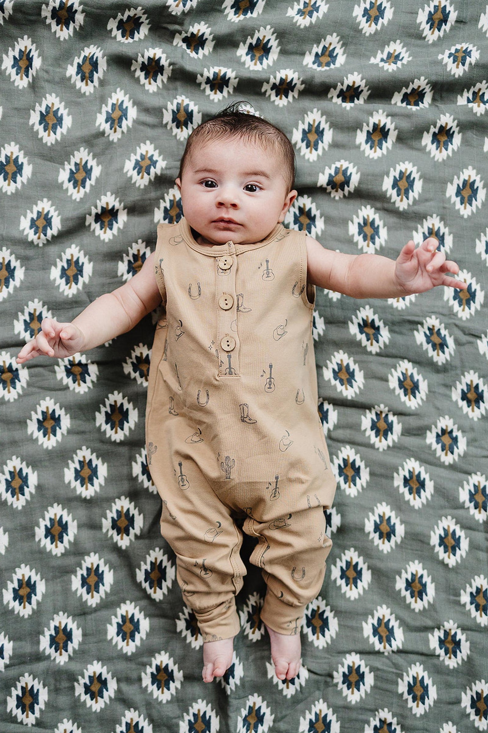 Cotton Western Tank Romper for Baby Boys, Beige