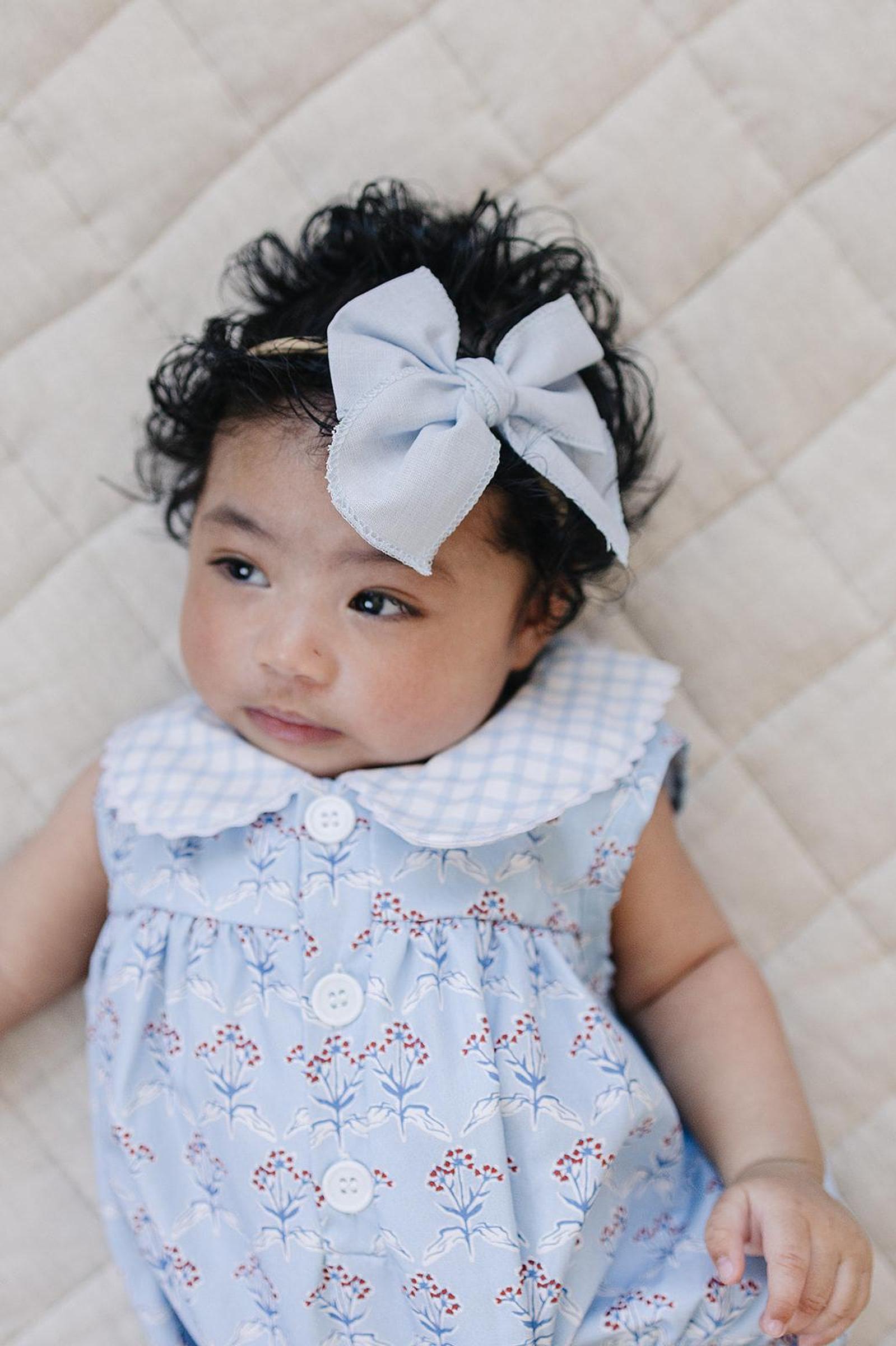 Cotton Blue Meadow Bubble Romper for Baby Girls