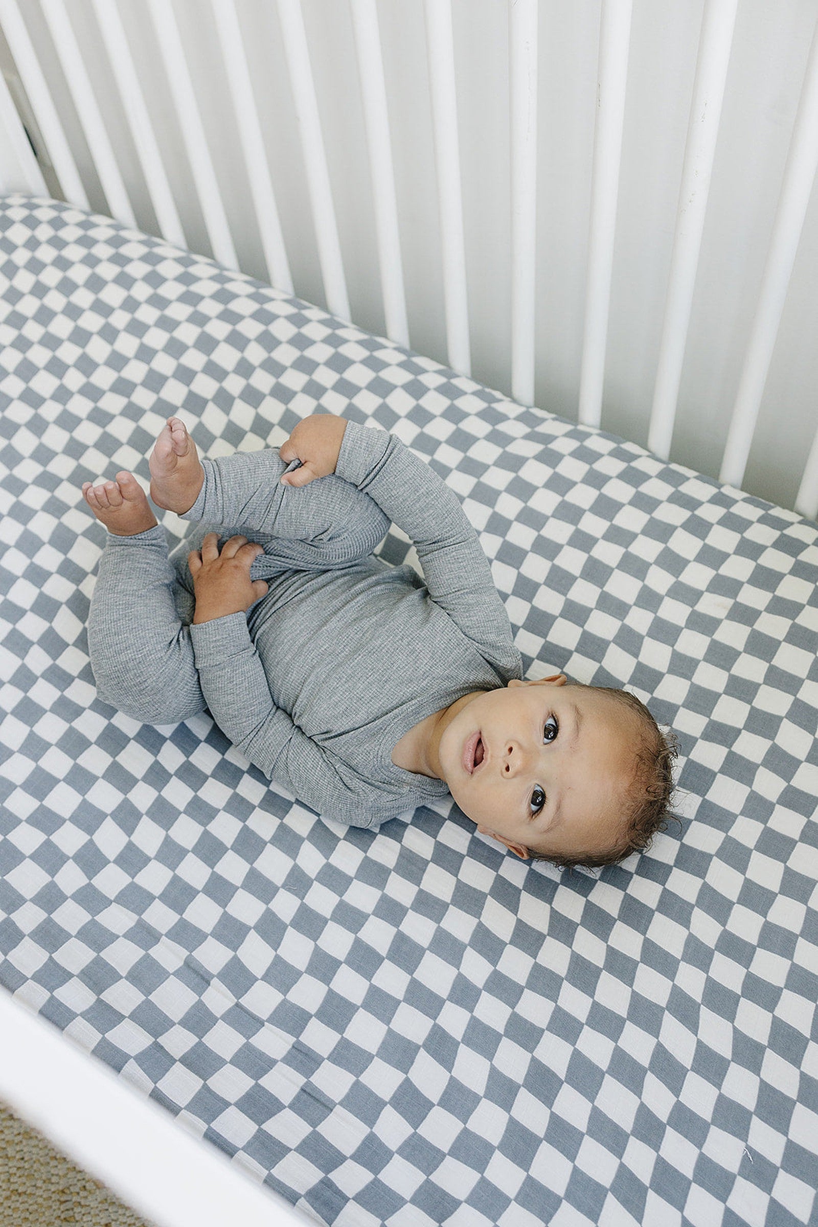 Dusty Blue Wavy Checkered Muslin Crib Sheet, 100% Cotton, Baby Essentials, Gender Neutral
