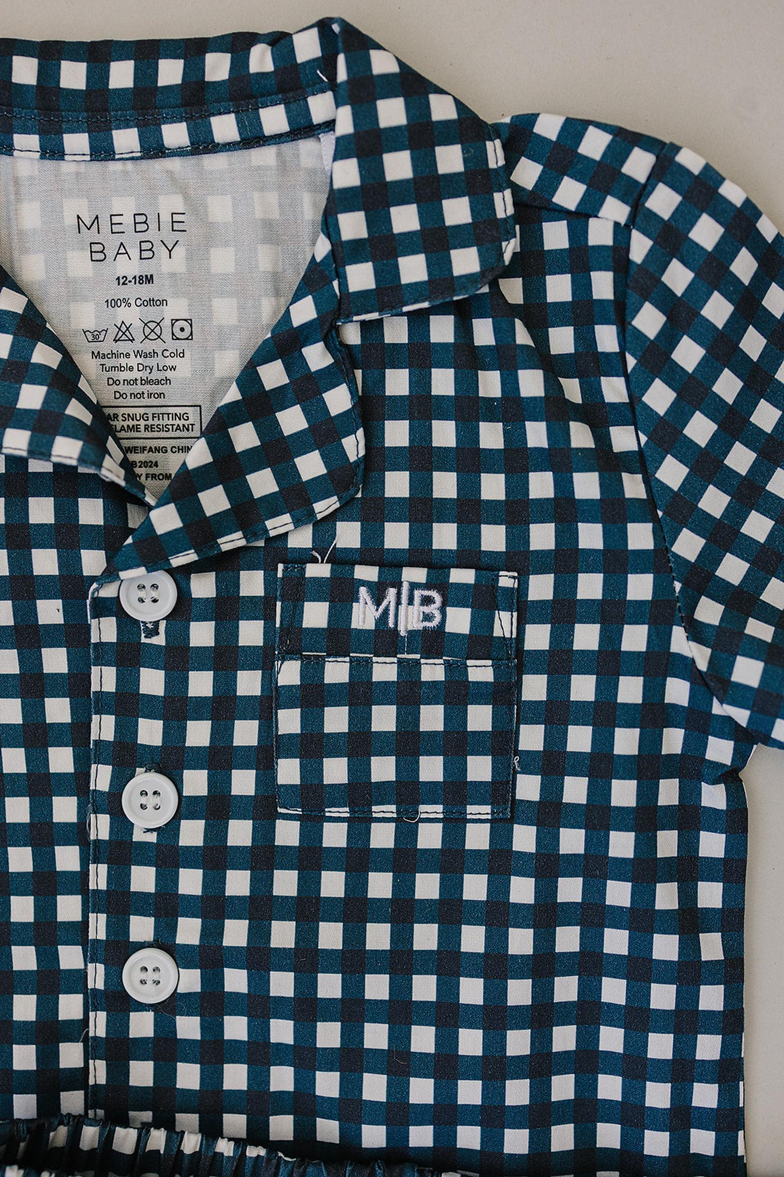 Navy Gingham Shorts Pajama Set, 100% Cotton, Gender Neutral, Sizes 6M-11