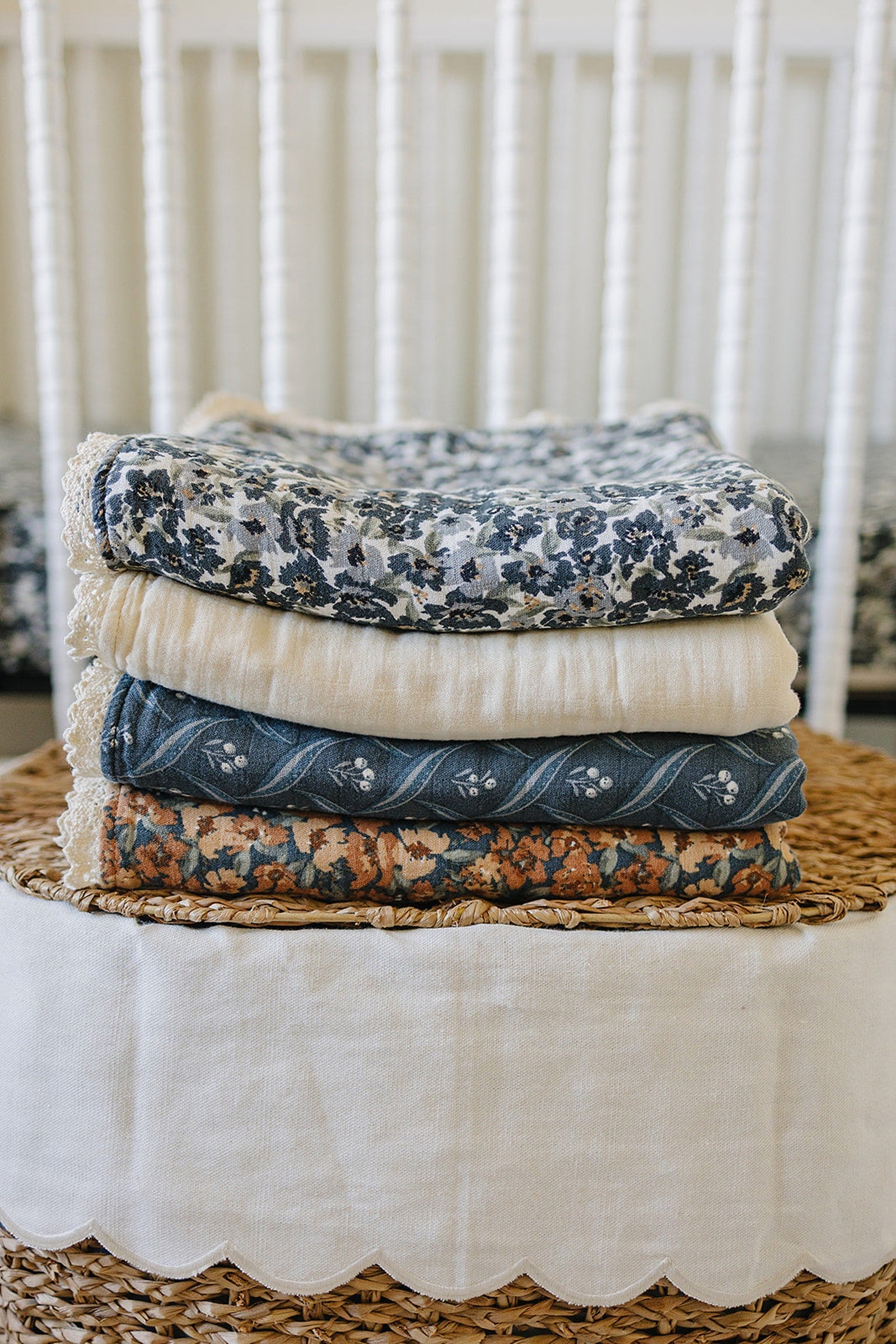 Liberty Floral + Coastal Plaid Lace Crib Lightweight Muslin Crib Quilt, 100% Cotton, Baby Essentials