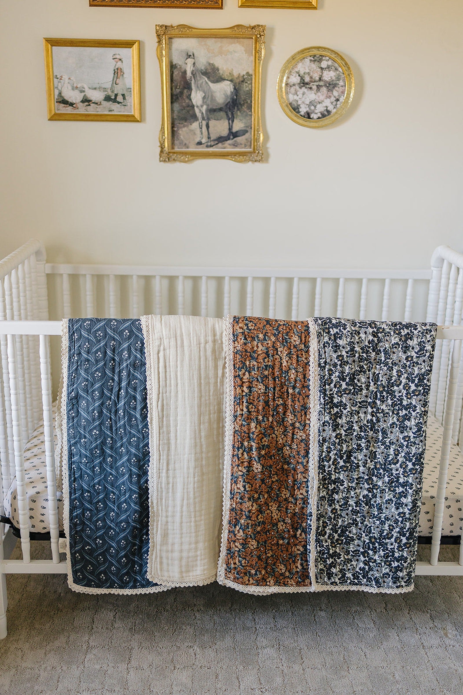 Navy Berry + Cream Berry Lace Muslin Crib Quilt, 100% Cotton, Modern, Gender Neutral, Baby