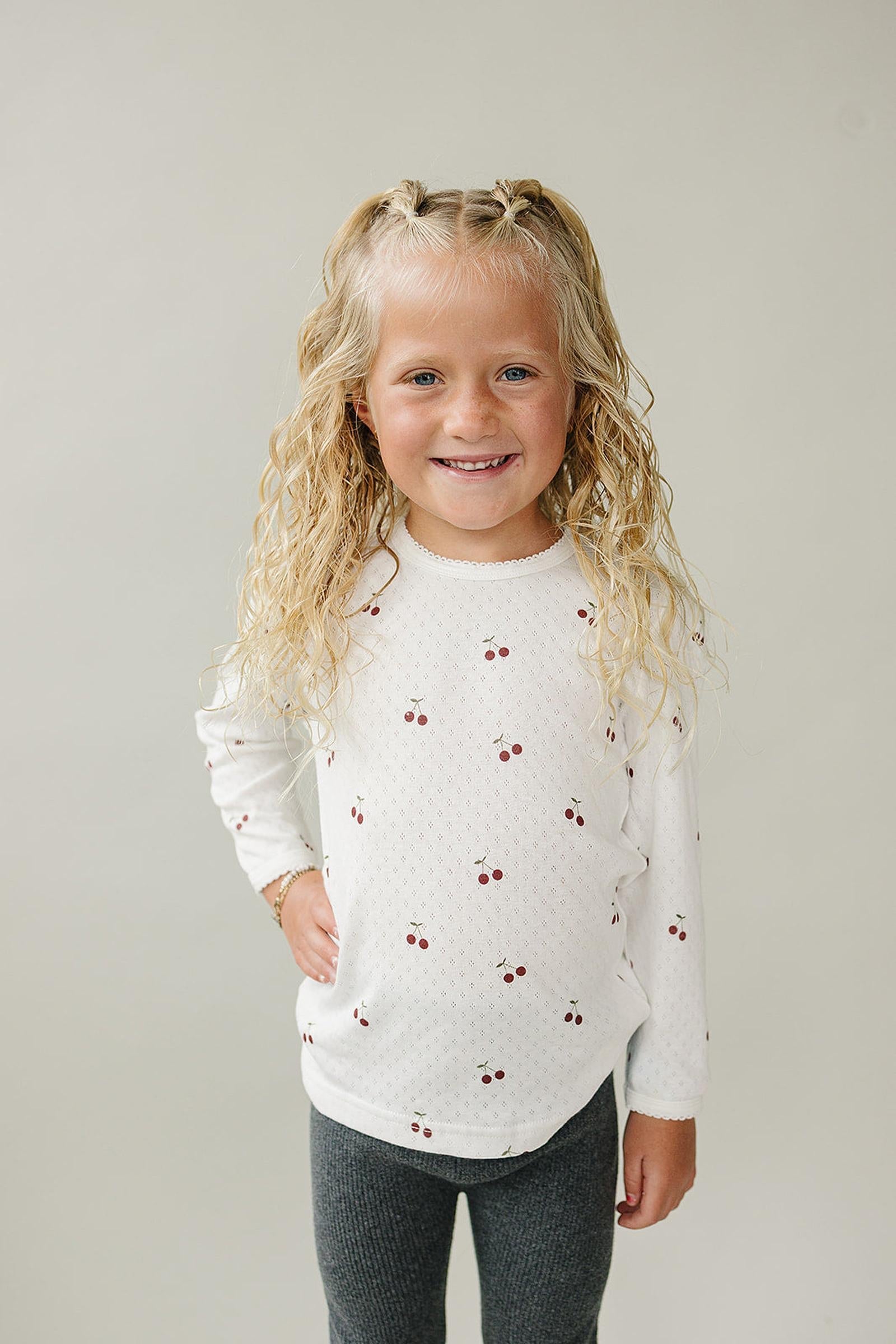 Cherry Pointelle Long Sleeve T-Shirt, 100% Cotton, Sizes 0-7
