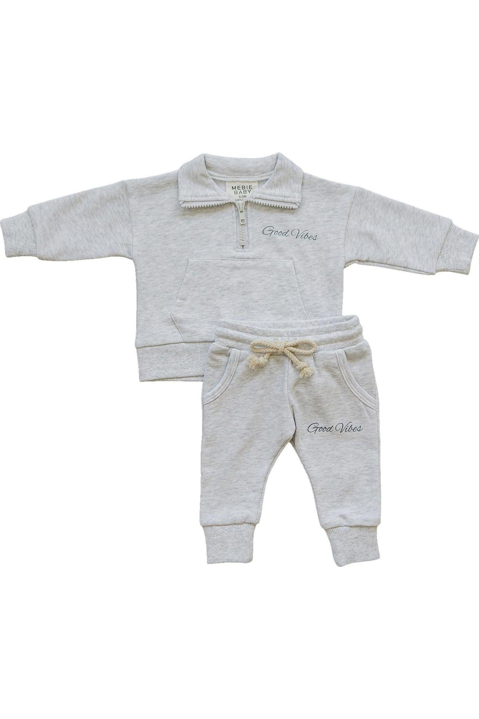 Good Vibes Quarter Zip Grey Sweatshirt Set, Cotton, Baby, Toddler & Kids