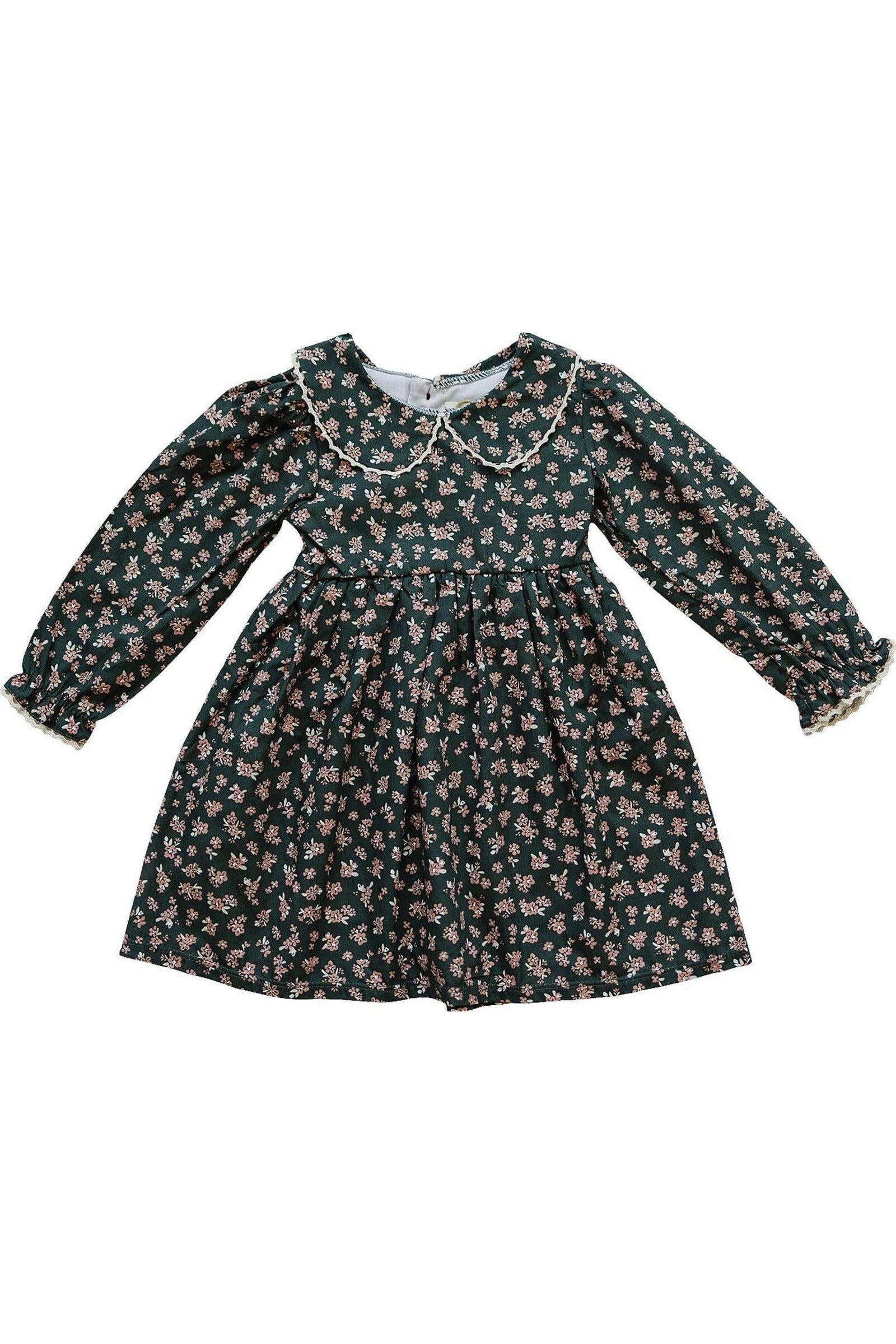 Elegant Olive Bloom Dress with Peter Pan Collar, Cotton, Sizes 2-7