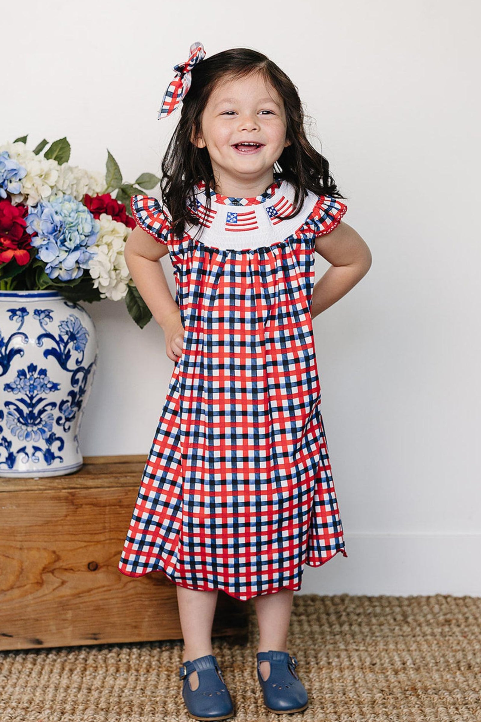 Smocked Plaid Cotton Flag Dress, Baby - Kids