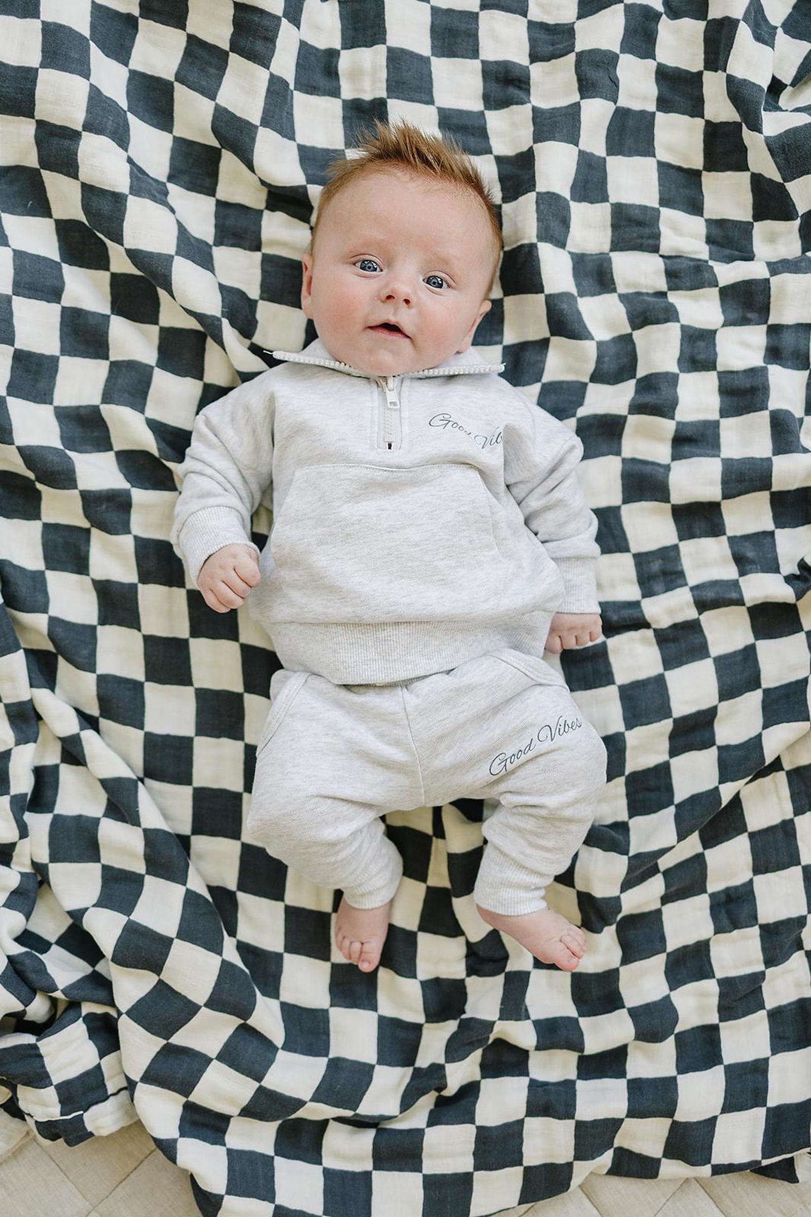 Good Vibes Quarter Zip Grey Sweatshirt Set, Cotton, Baby, Toddler & Kids