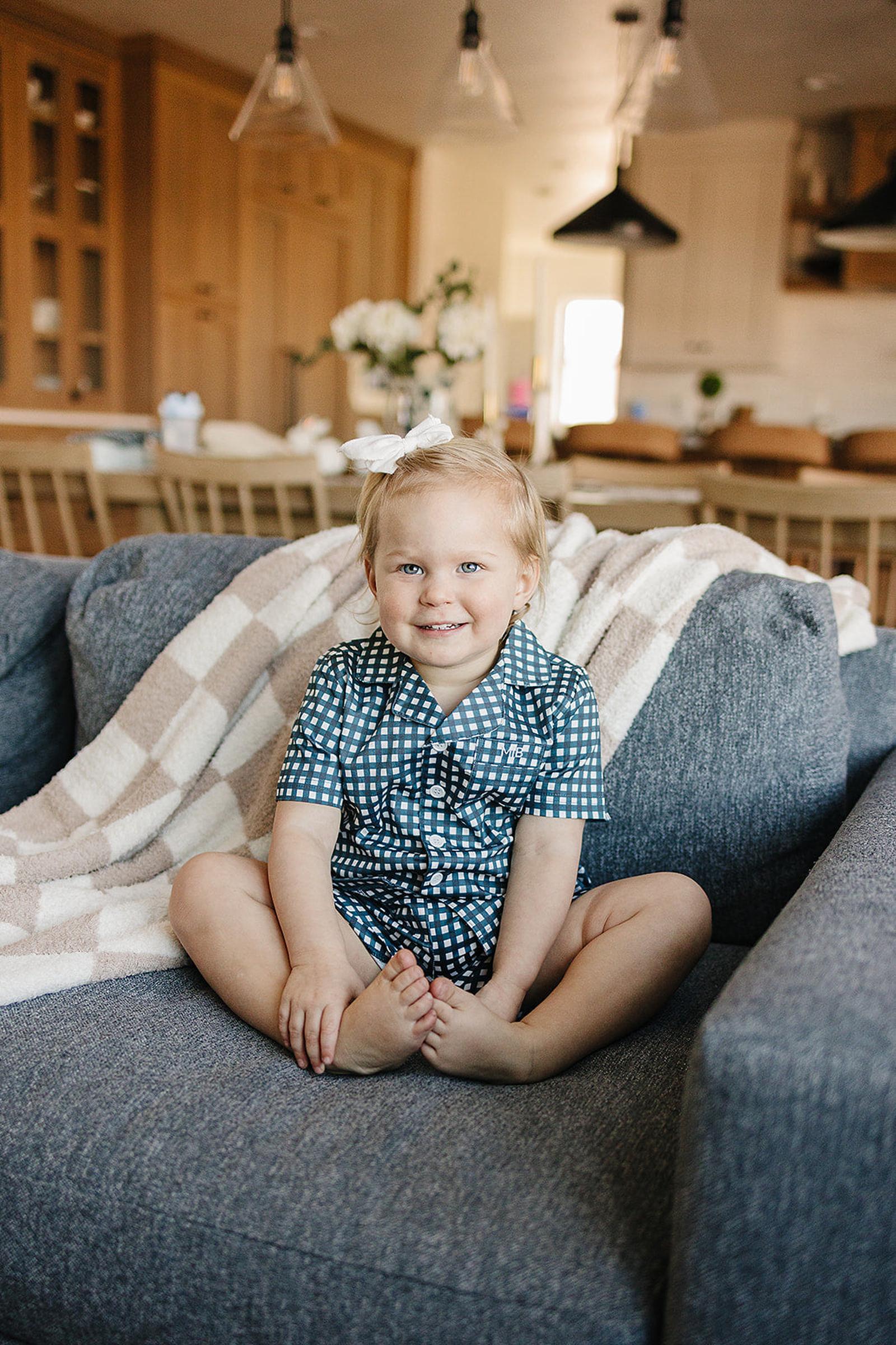 Navy Gingham Shorts Pajama Set, 100% Cotton, Gender Neutral, Sizes 6M-11