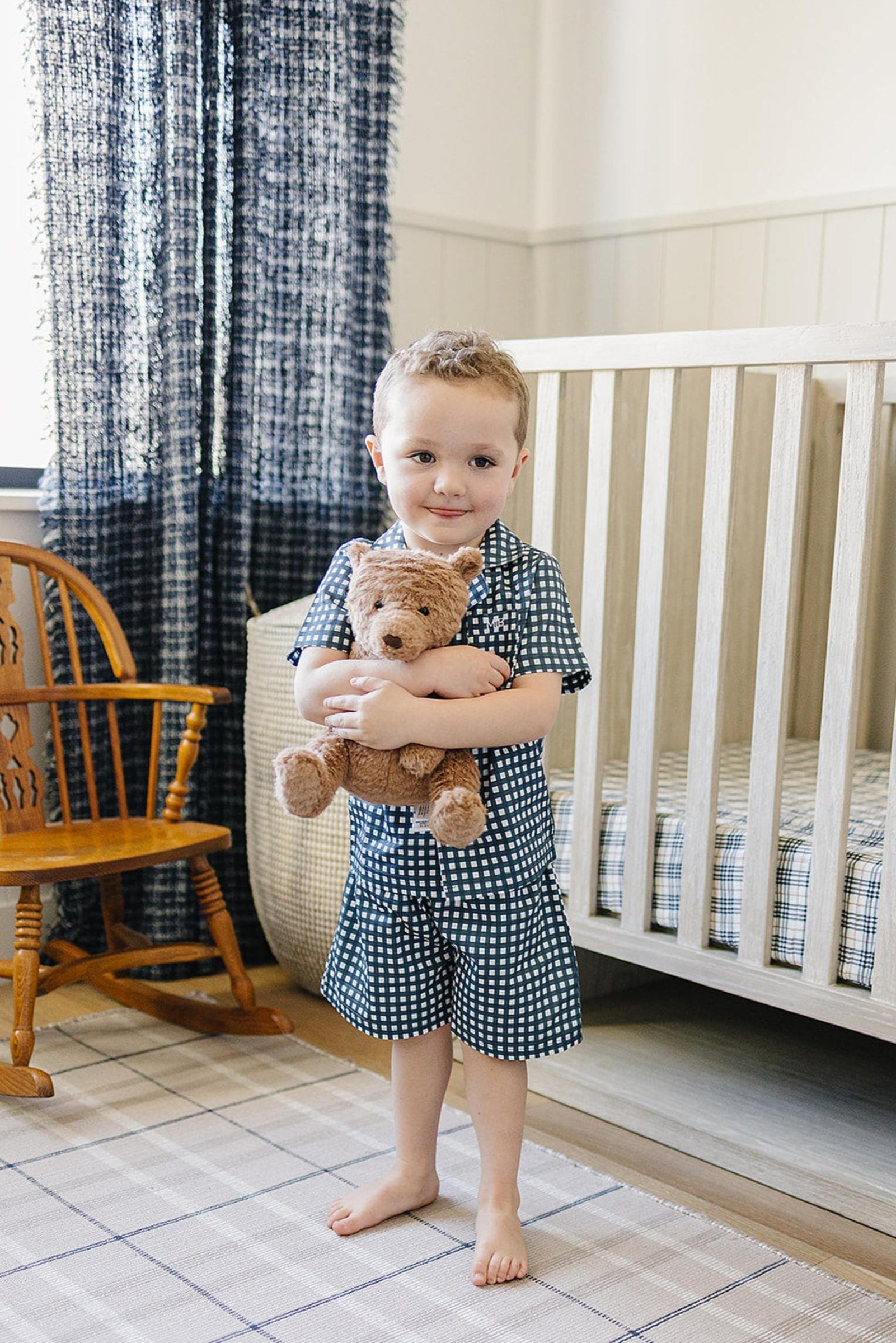 Navy Gingham Shorts Pajama Set, 100% Cotton, Gender Neutral, Sizes 6M-11
