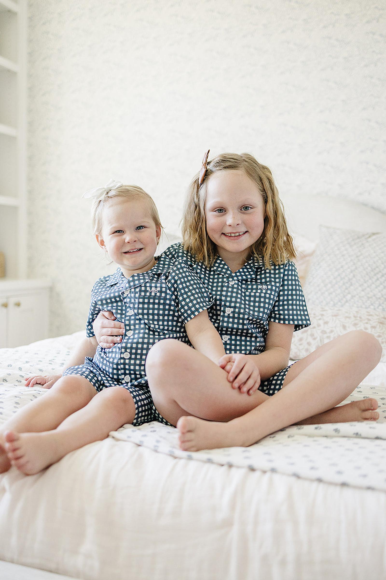 Navy Gingham Shorts Pajama Set, 100% Cotton, Gender Neutral, Sizes 6M-11