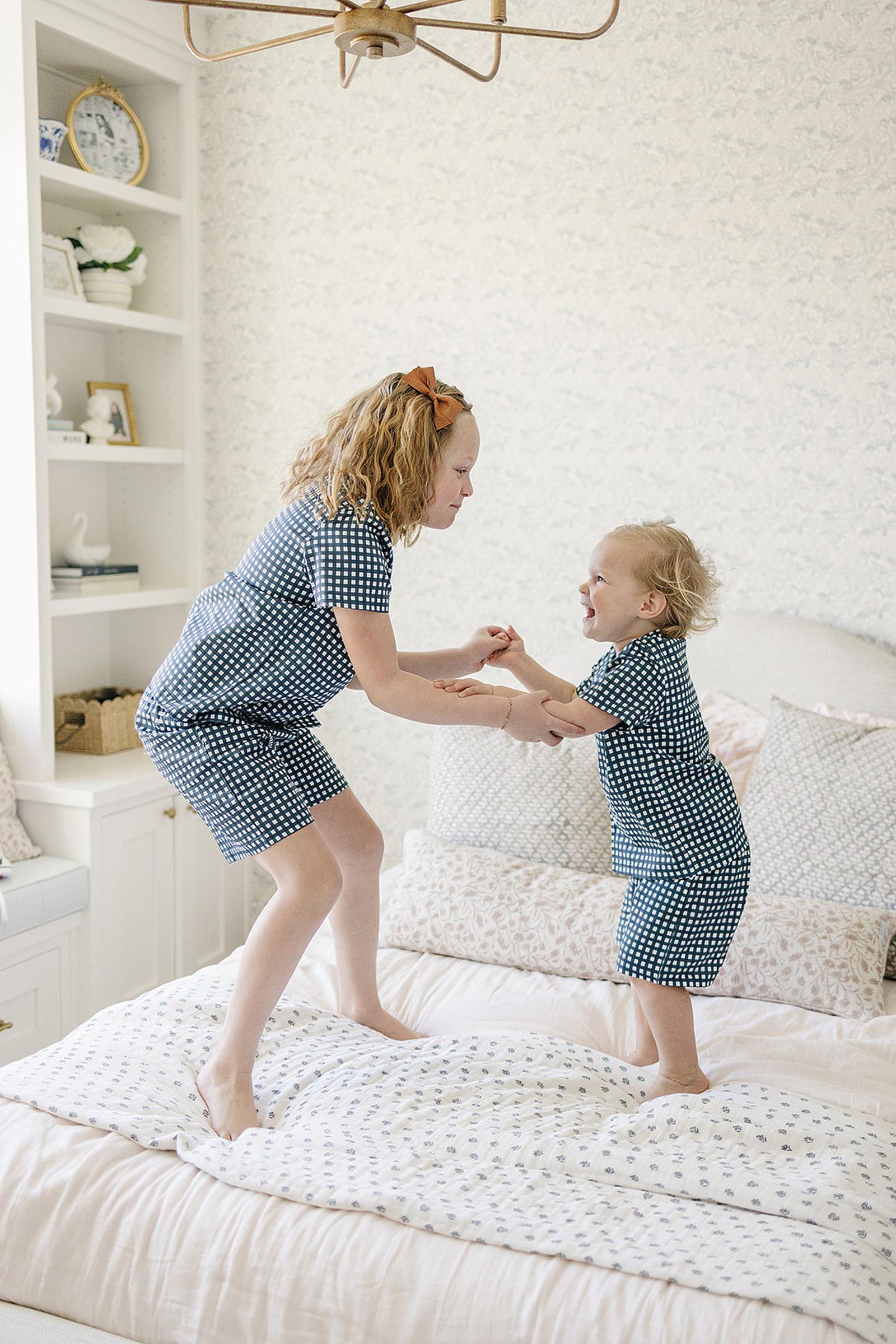 Navy Gingham Shorts Pajama Set, 100% Cotton, Gender Neutral, Sizes 6M-11