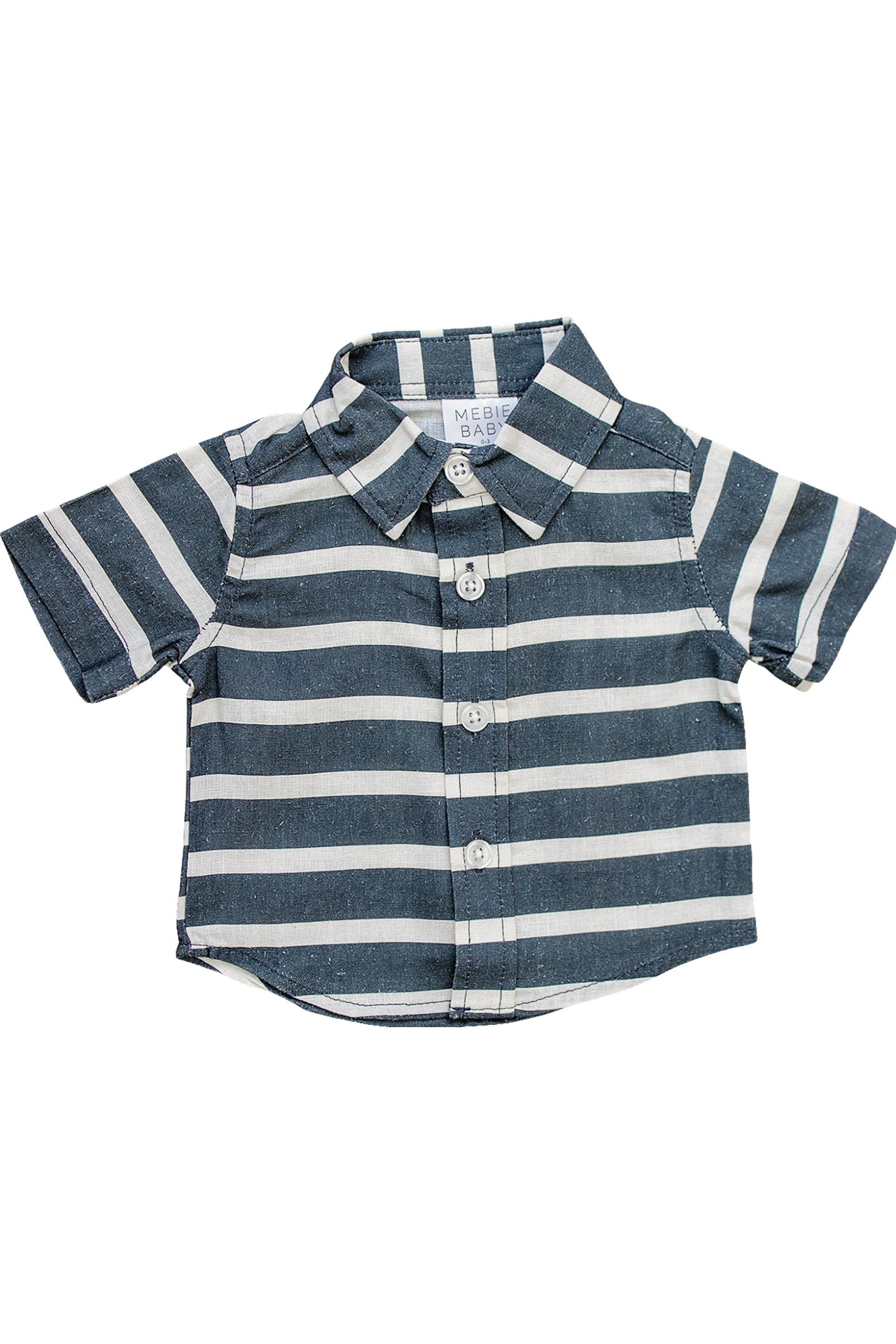 Boy Navy Stripe Linen Button Up Shirt, Baby - Kids