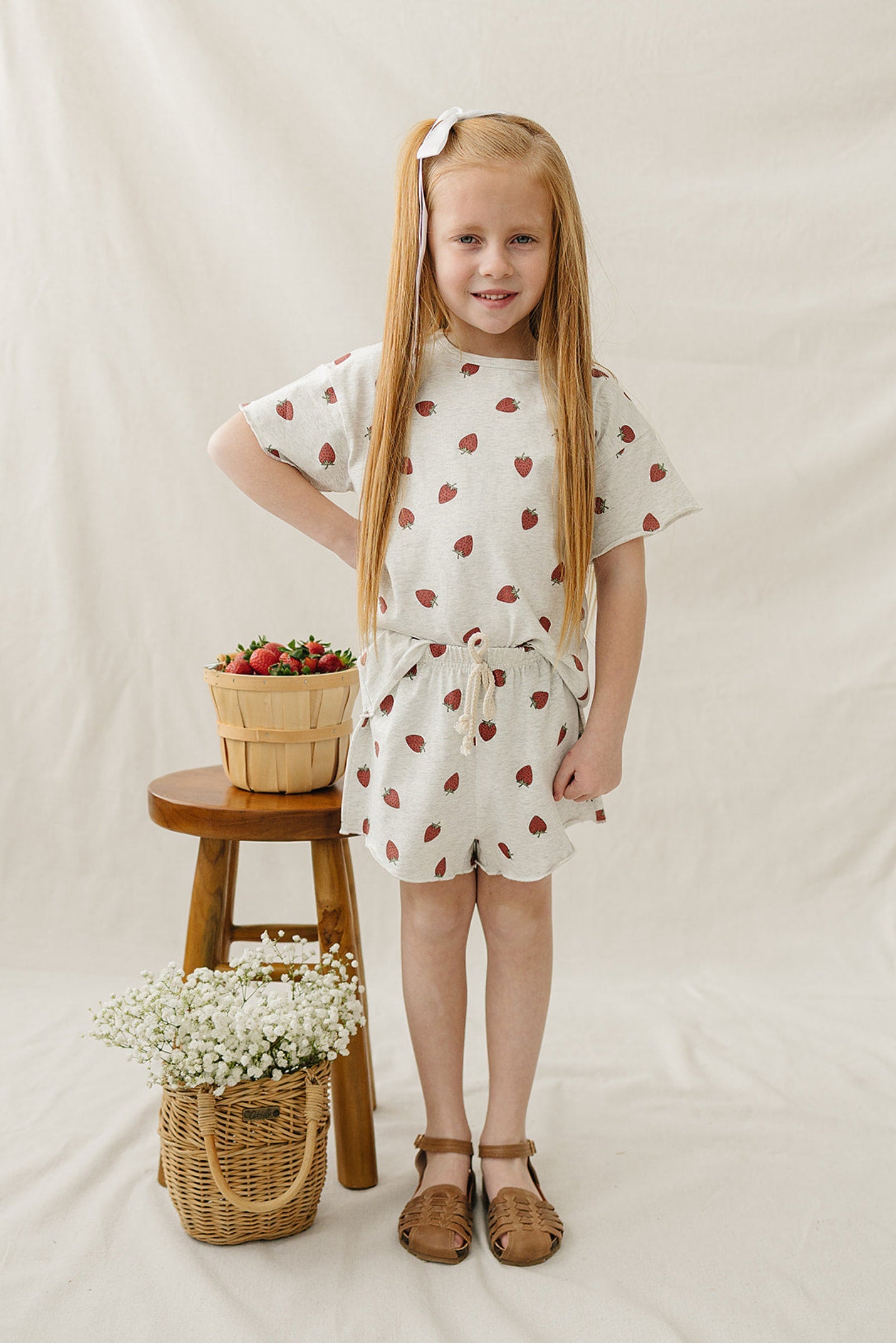 Cotton Strawberry Short Set for Girls, Light Grey, Baby - Kids