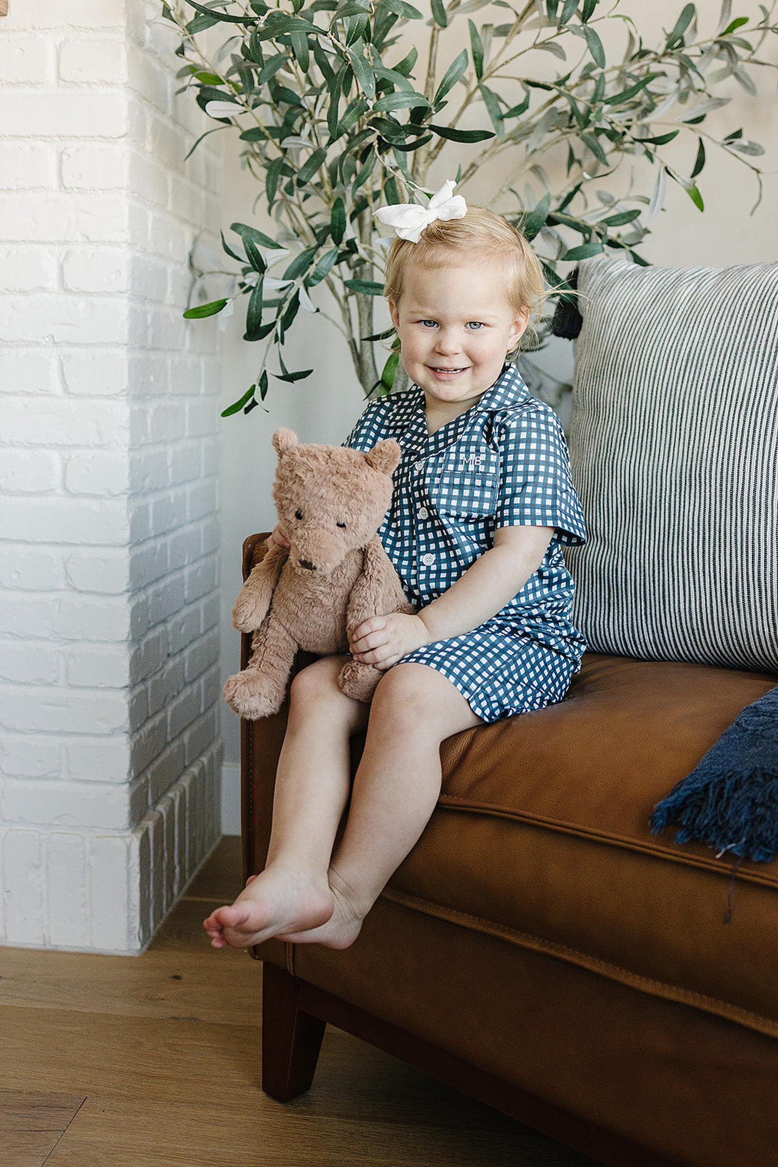 Navy Gingham Shorts Pajama Set, 100% Cotton, Gender Neutral, Sizes 6M-11