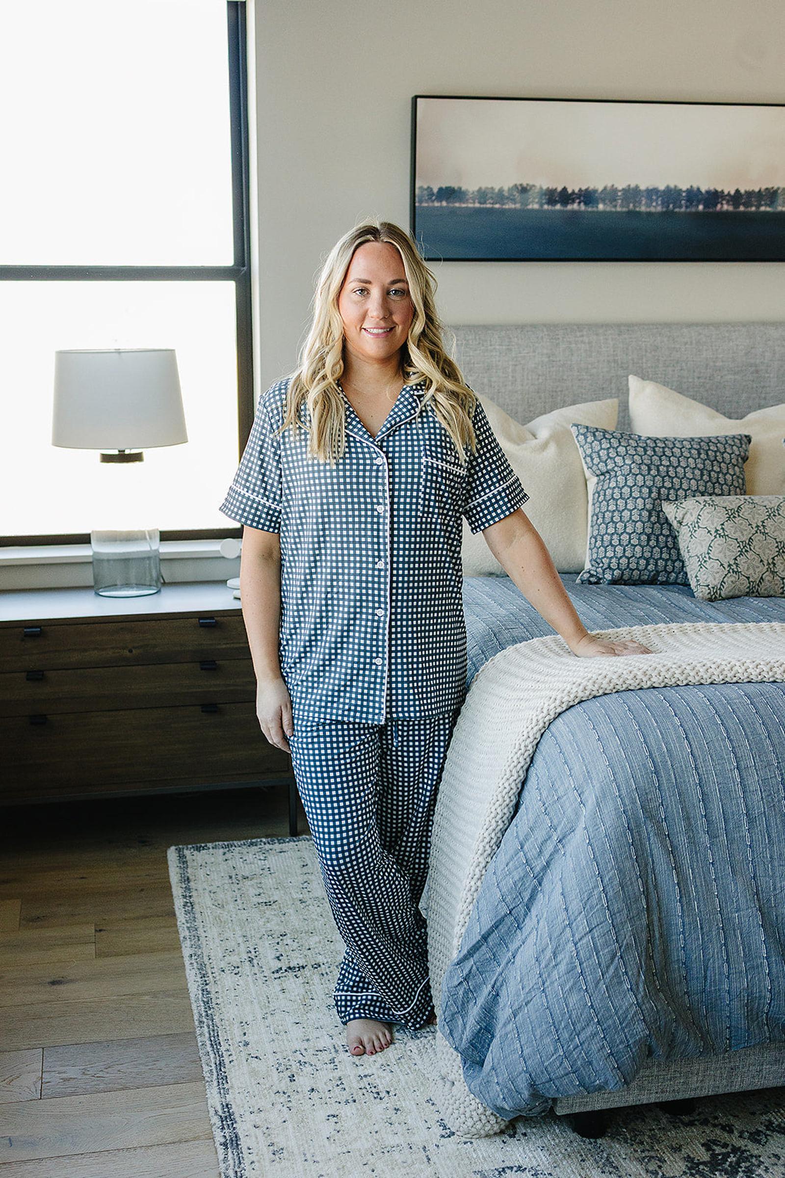 Women's Navy Gingham Pajama Set, Bamboo
