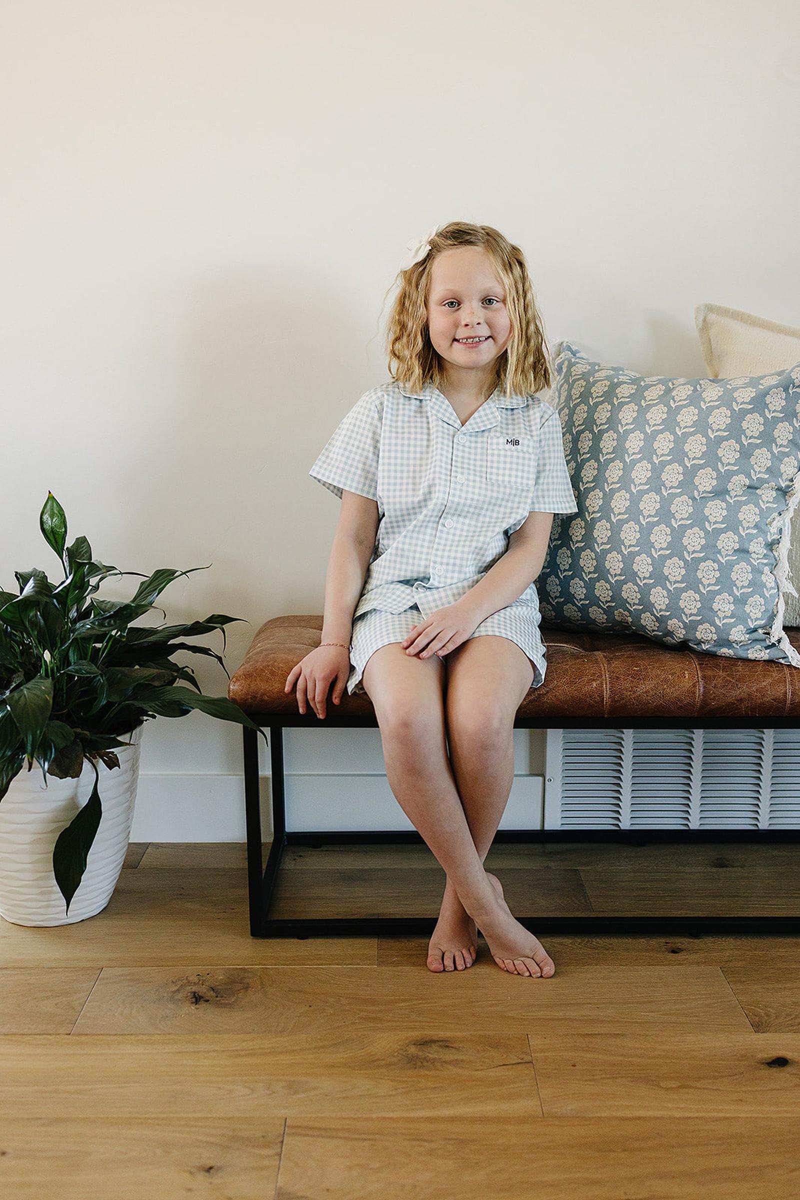 Light Blue Gingham Shorts Pajama Set, 100% Cotton, Gender Neutral, Sizes 6M-11