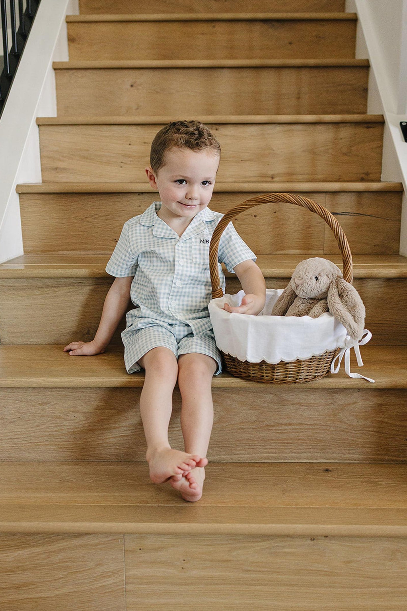 Light Blue Gingham Shorts Pajama Set, 100% Cotton, Gender Neutral, Sizes 6M-11