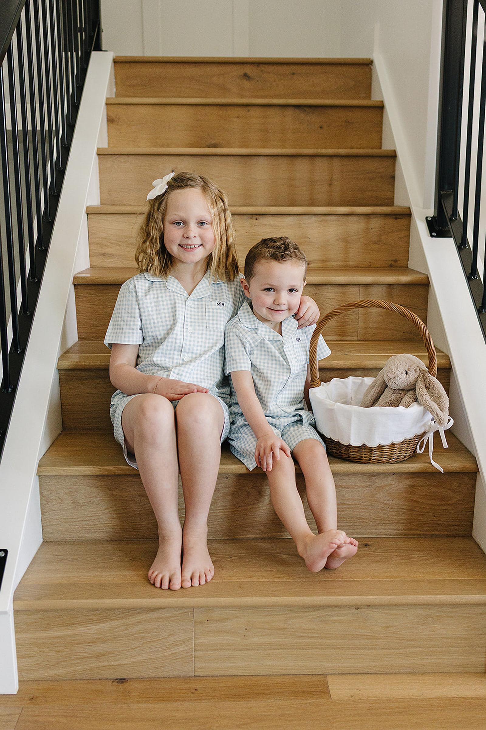 Light Blue Gingham Shorts Pajama Set, 100% Cotton, Gender Neutral, Sizes 6M-11